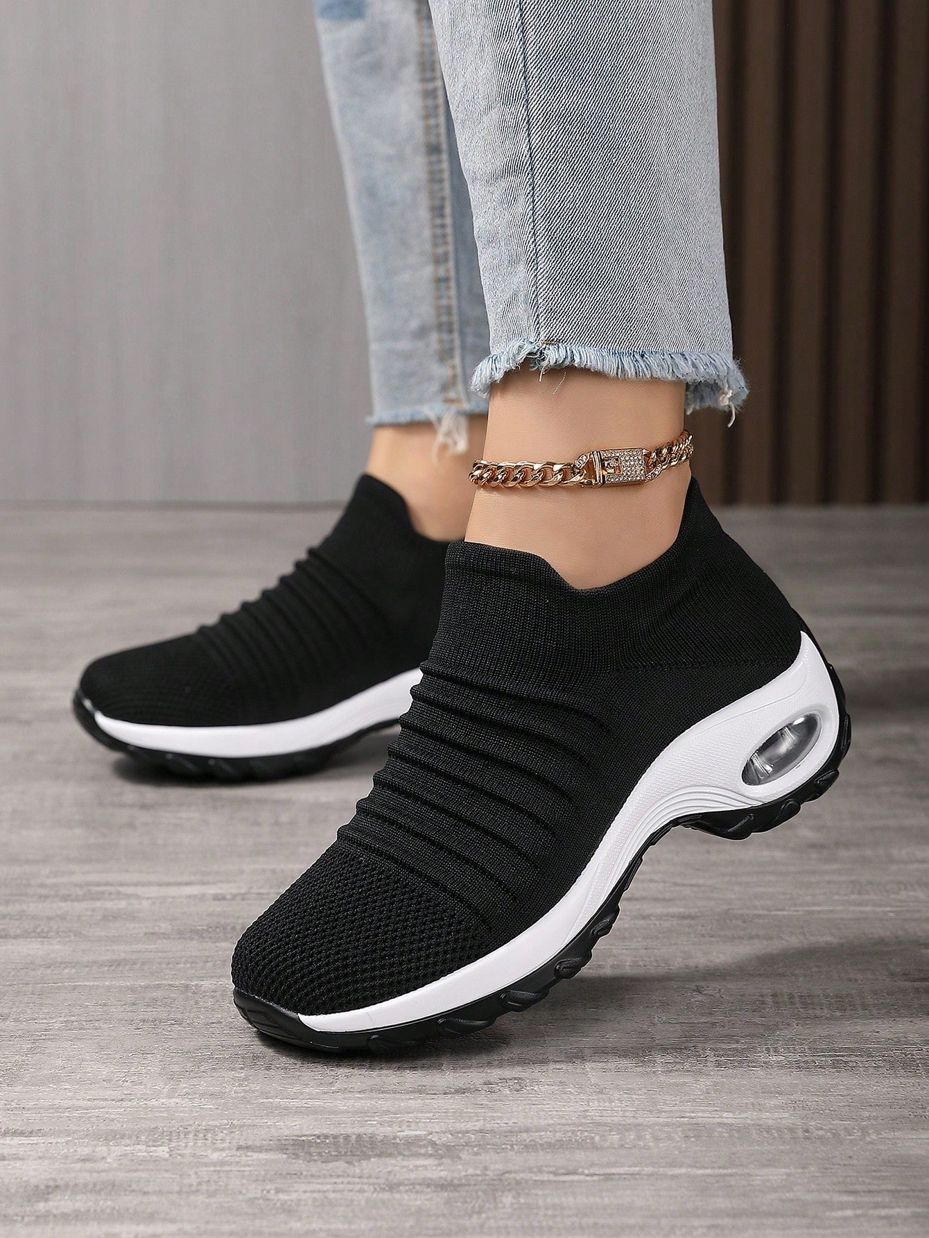 Women'S Breathable Knit Chunky Sneakers, Casual Slip On Air Cushion Shoes, Lightweight Low Top Sock Shoes