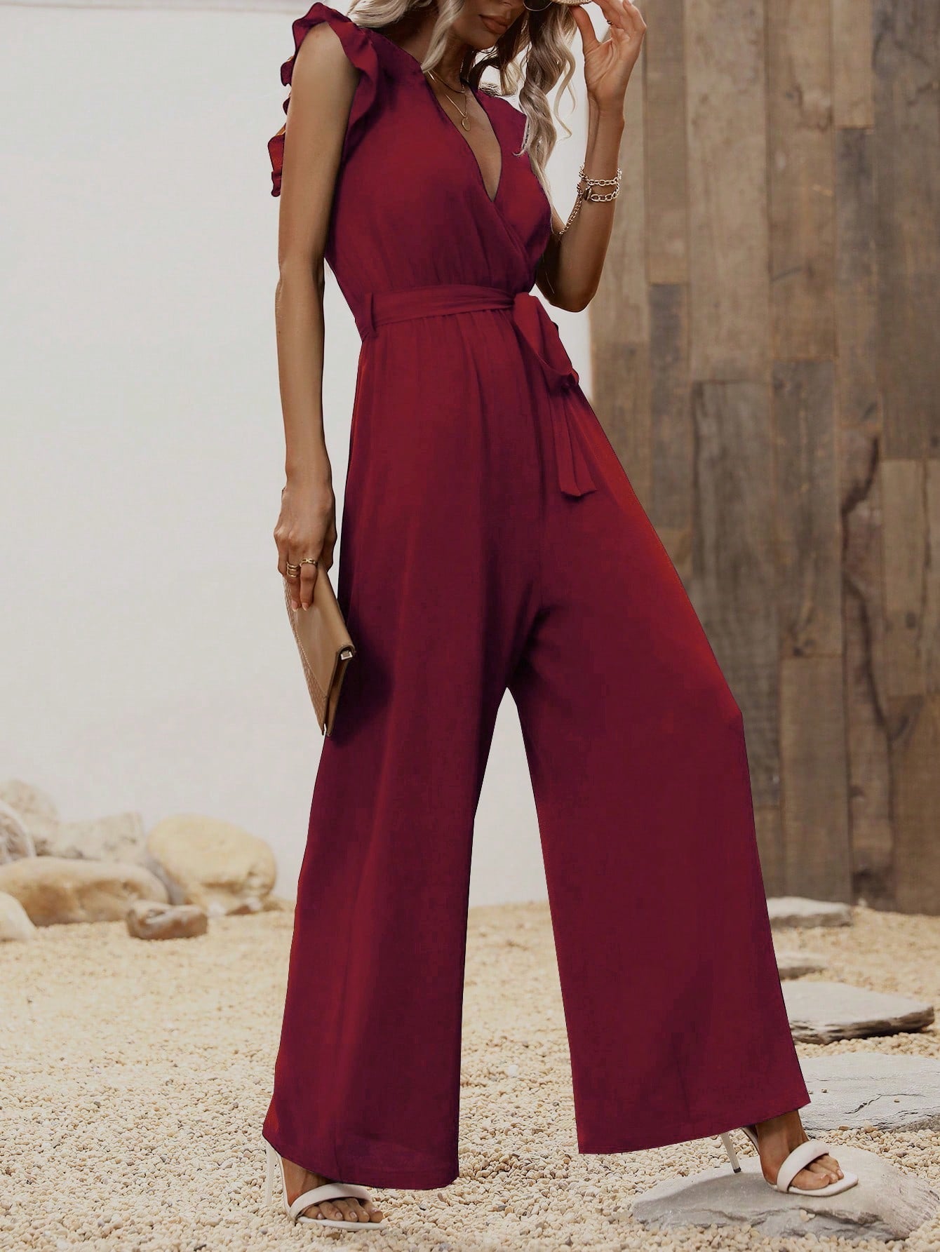 LUNE Ruffle Trim Belted Wide Leg Jumpsuit