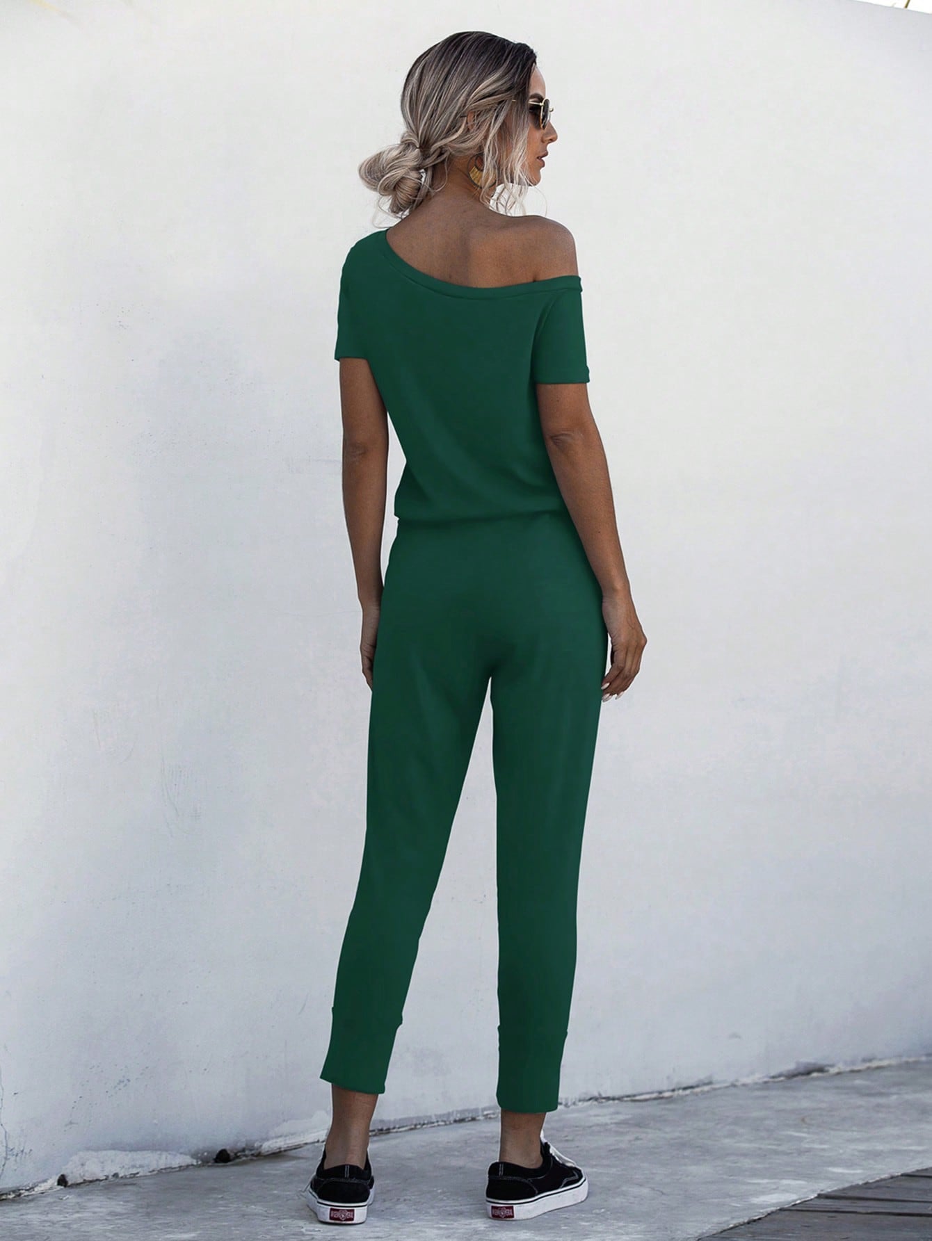 LUNE Asymmetrical Neck Drawstring Waist Slant Pocket Jumpsuit