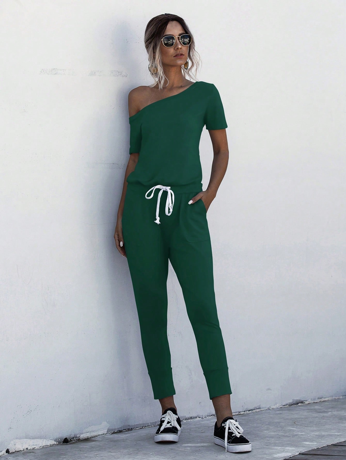 LUNE Asymmetrical Neck Drawstring Waist Slant Pocket Jumpsuit