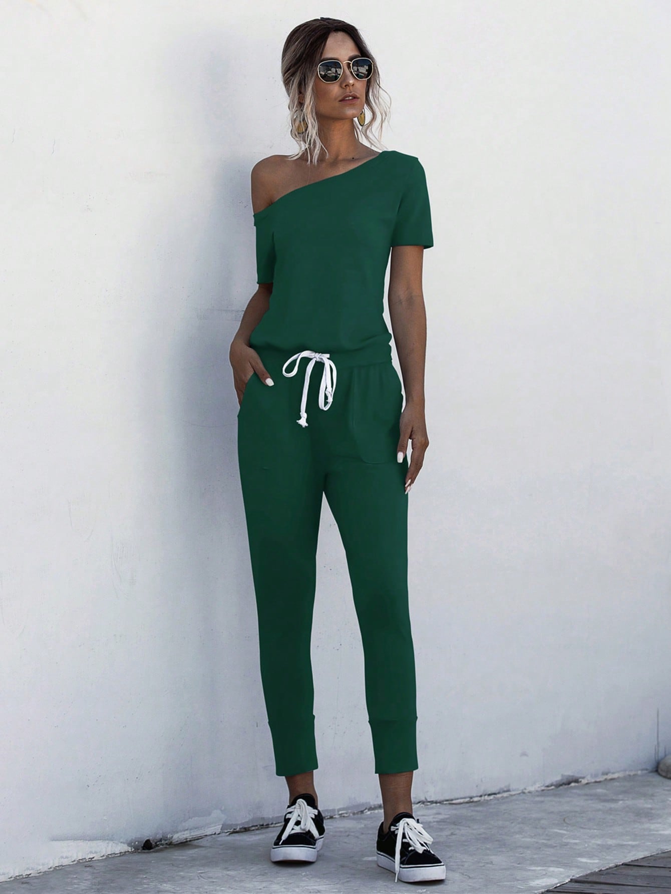 LUNE Asymmetrical Neck Drawstring Waist Slant Pocket Jumpsuit