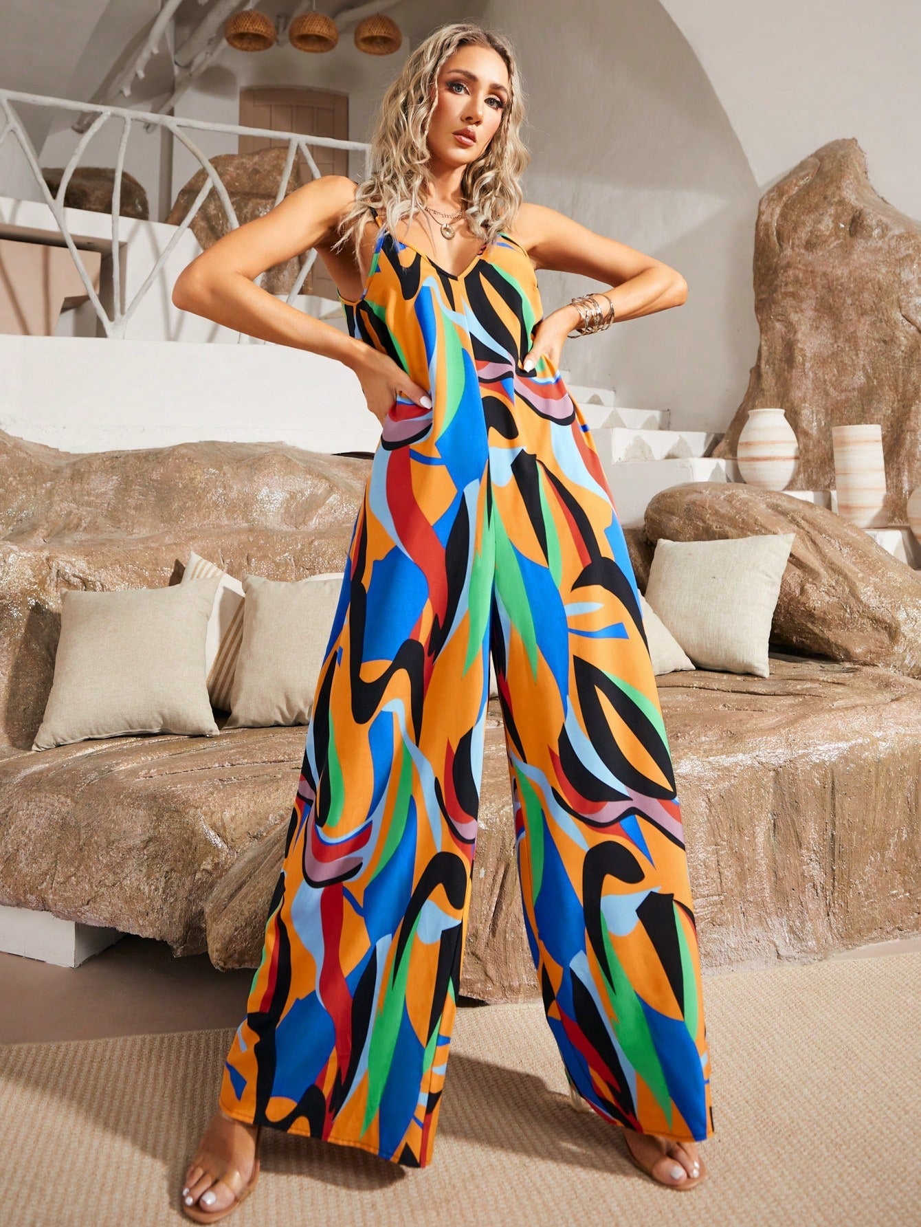 Allover Print Wide Leg Cami Jumpsuit