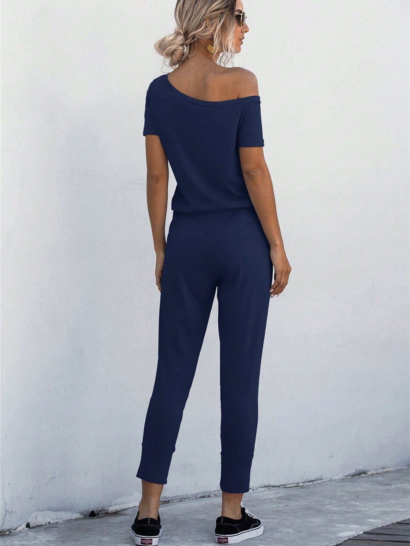 LUNE Asymmetrical Neck Drawstring Waist Slant Pocket Jumpsuit