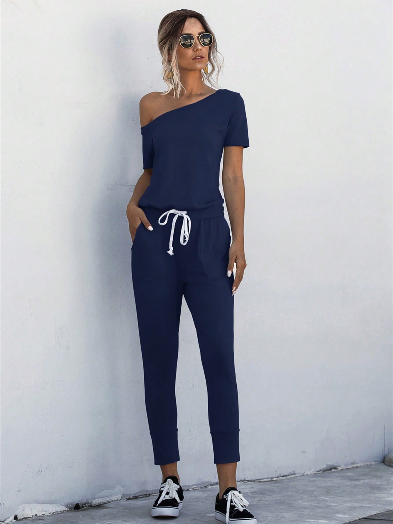 LUNE Asymmetrical Neck Drawstring Waist Slant Pocket Jumpsuit