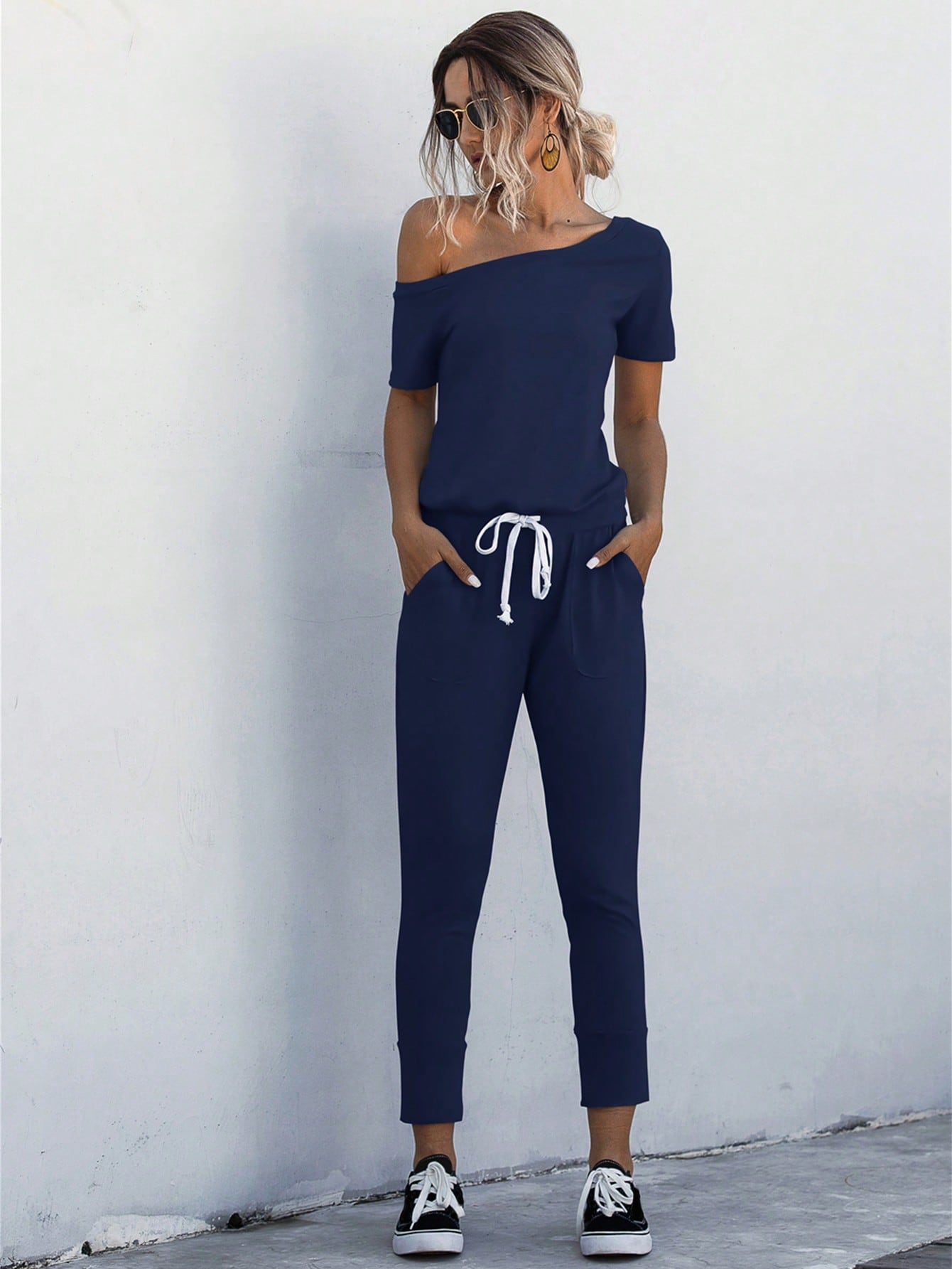 LUNE Asymmetrical Neck Drawstring Waist Slant Pocket Jumpsuit