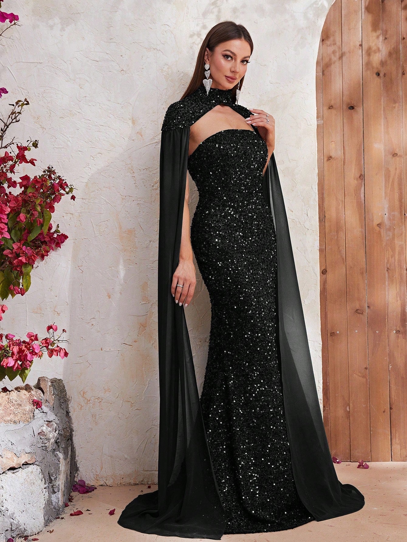 Giffniseti Mock Neck Sequin Formal Dress