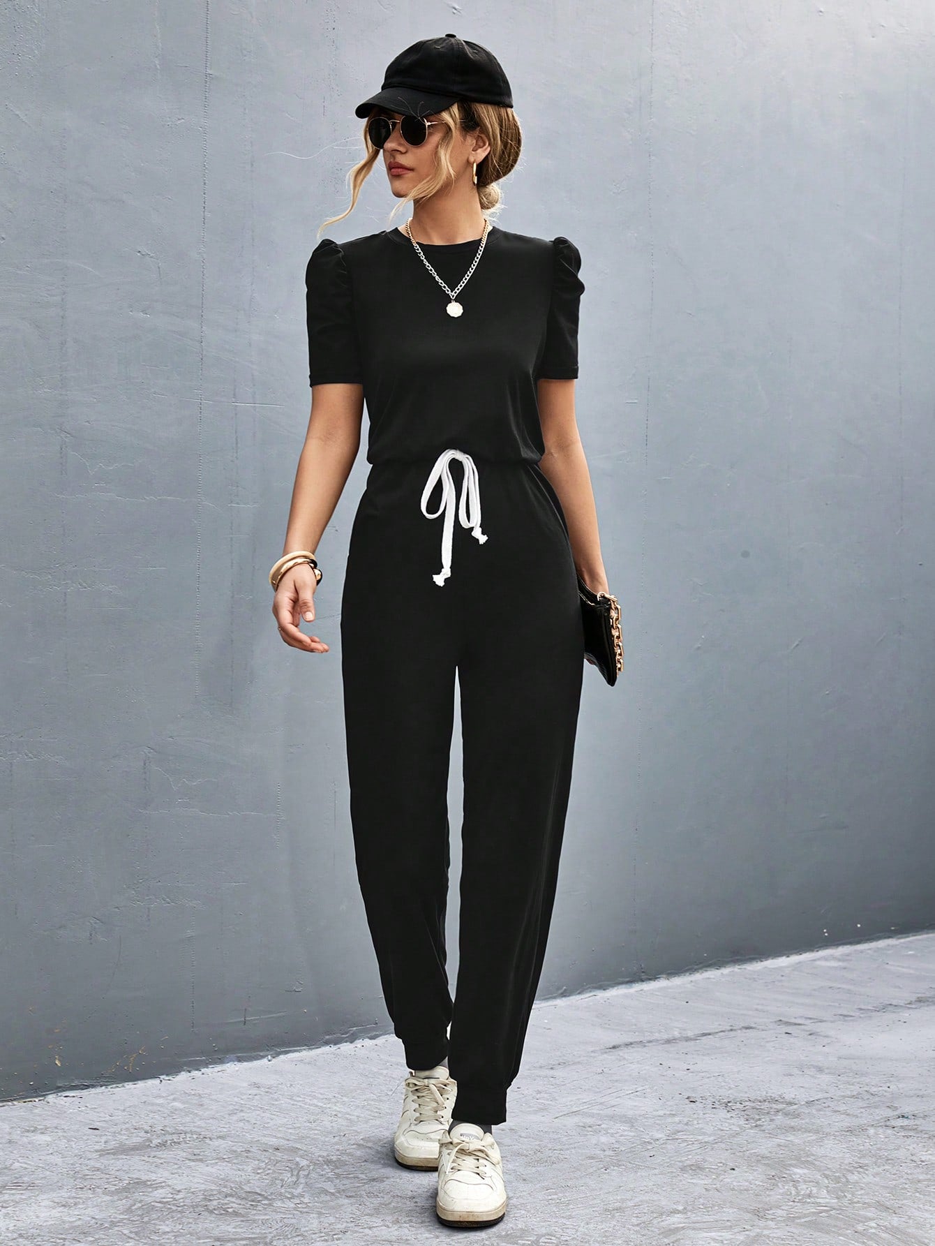 LUNE Puff Sleeve Knot Front Jumpsuit