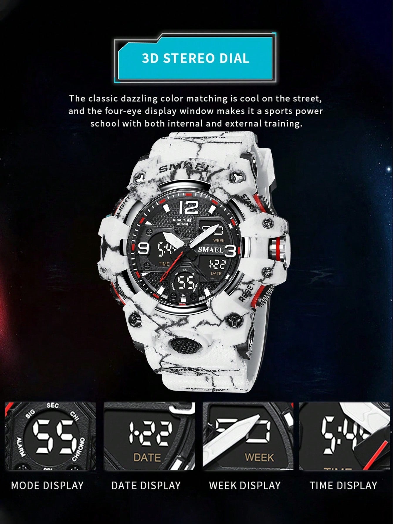 SMAEL 1pc Black Abstract Pattern TPU Strap Sporty Water Resistance Calendars Alarm Round Dial Digital Watch, For Daily Life