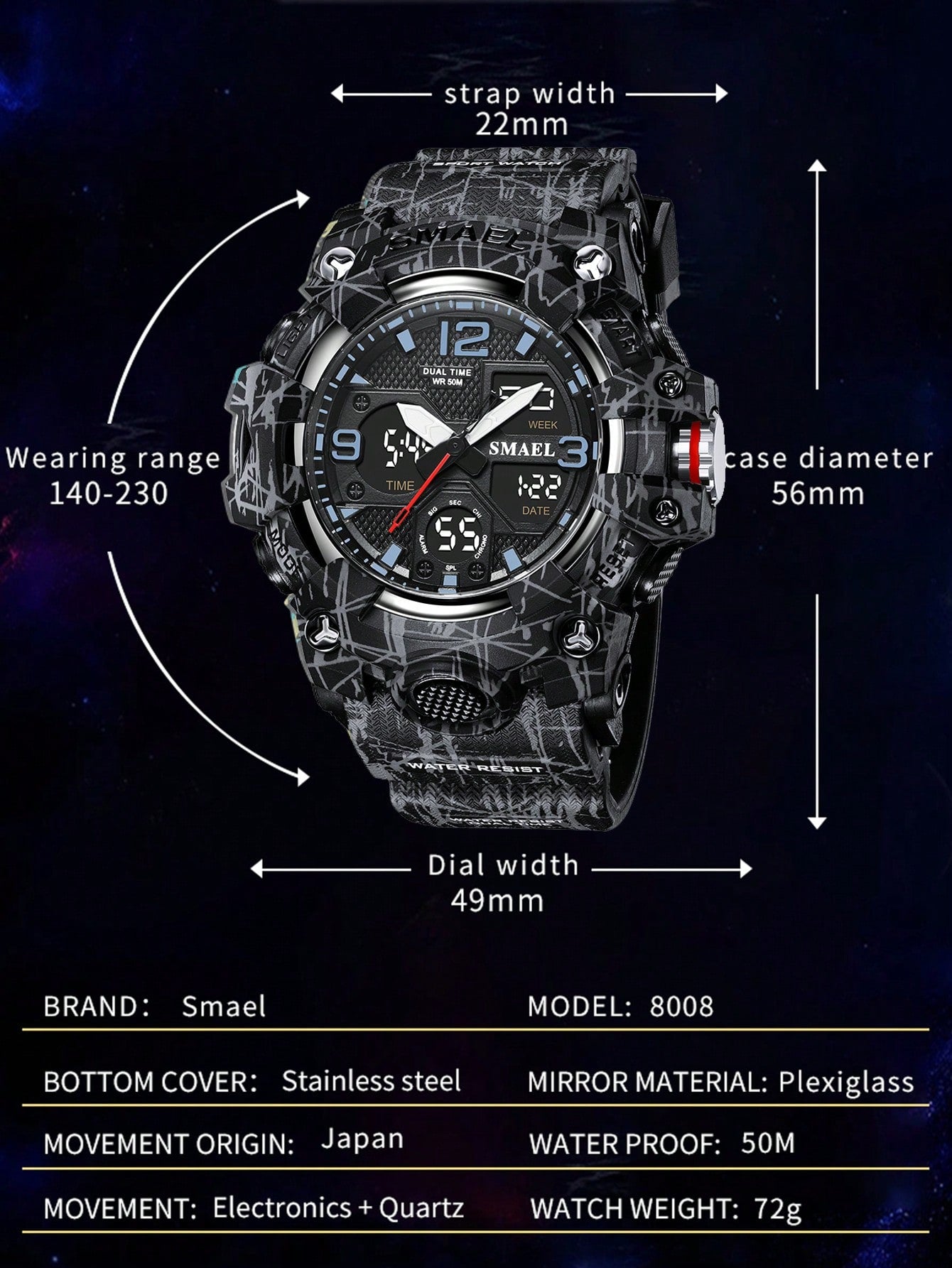 SMAEL 1pc Black Abstract Pattern TPU Strap Sporty Water Resistance Calendars Alarm Round Dial Digital Watch, For Daily Life