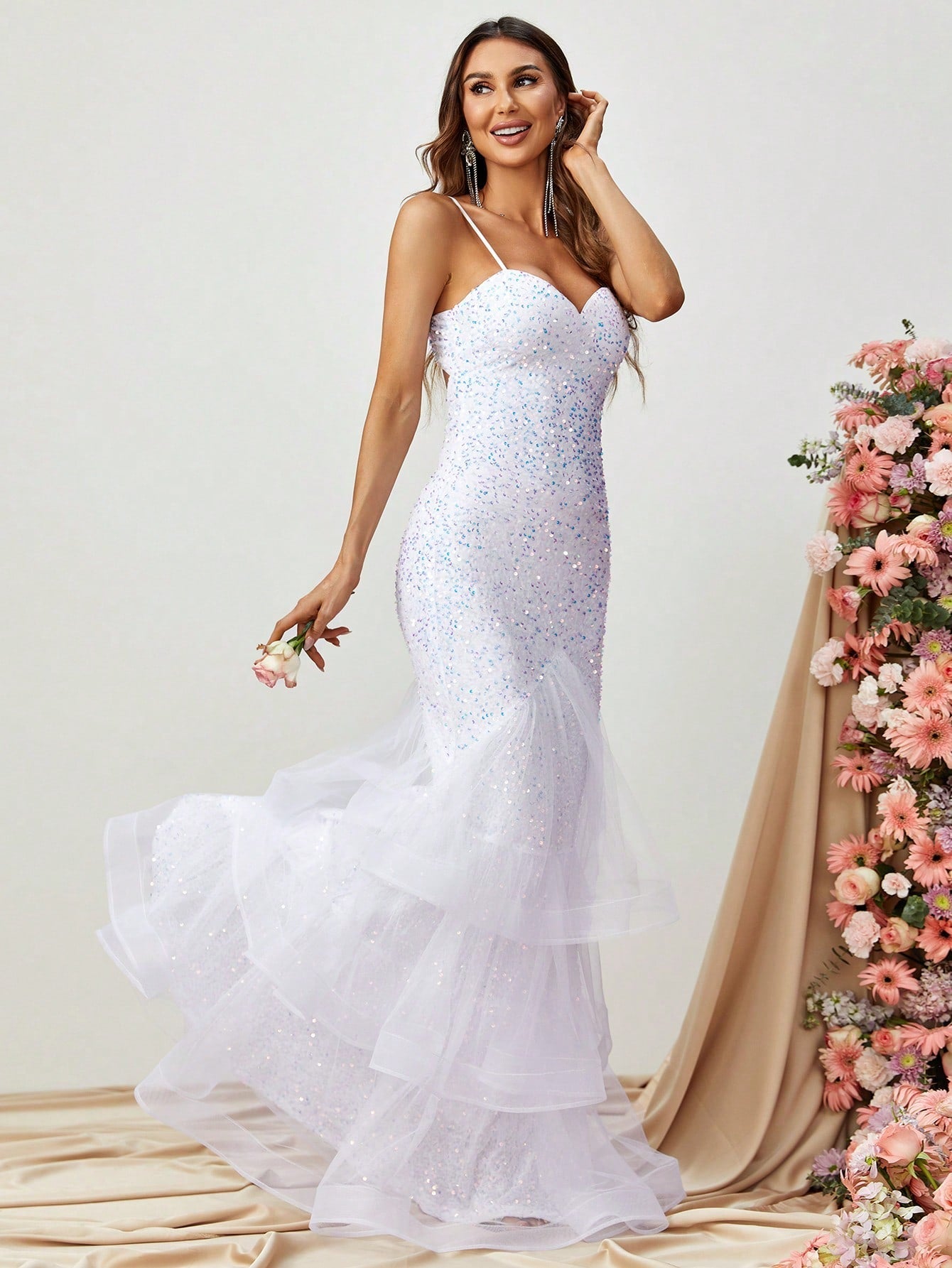 Contrast Mesh Mermaid Hem Sequin Formal Dress