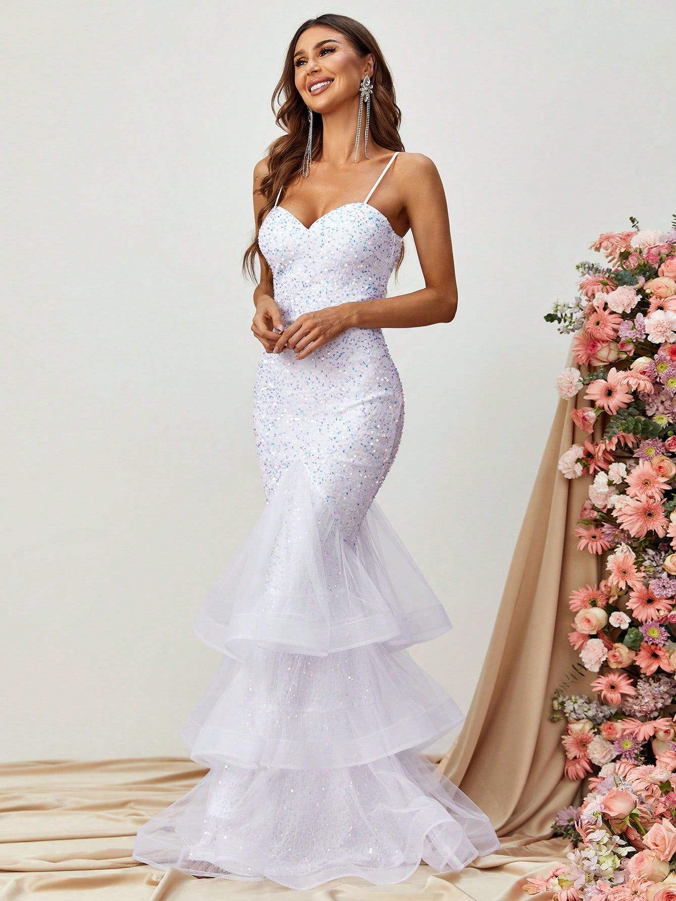 Contrast Mesh Mermaid Hem Sequin Formal Dress