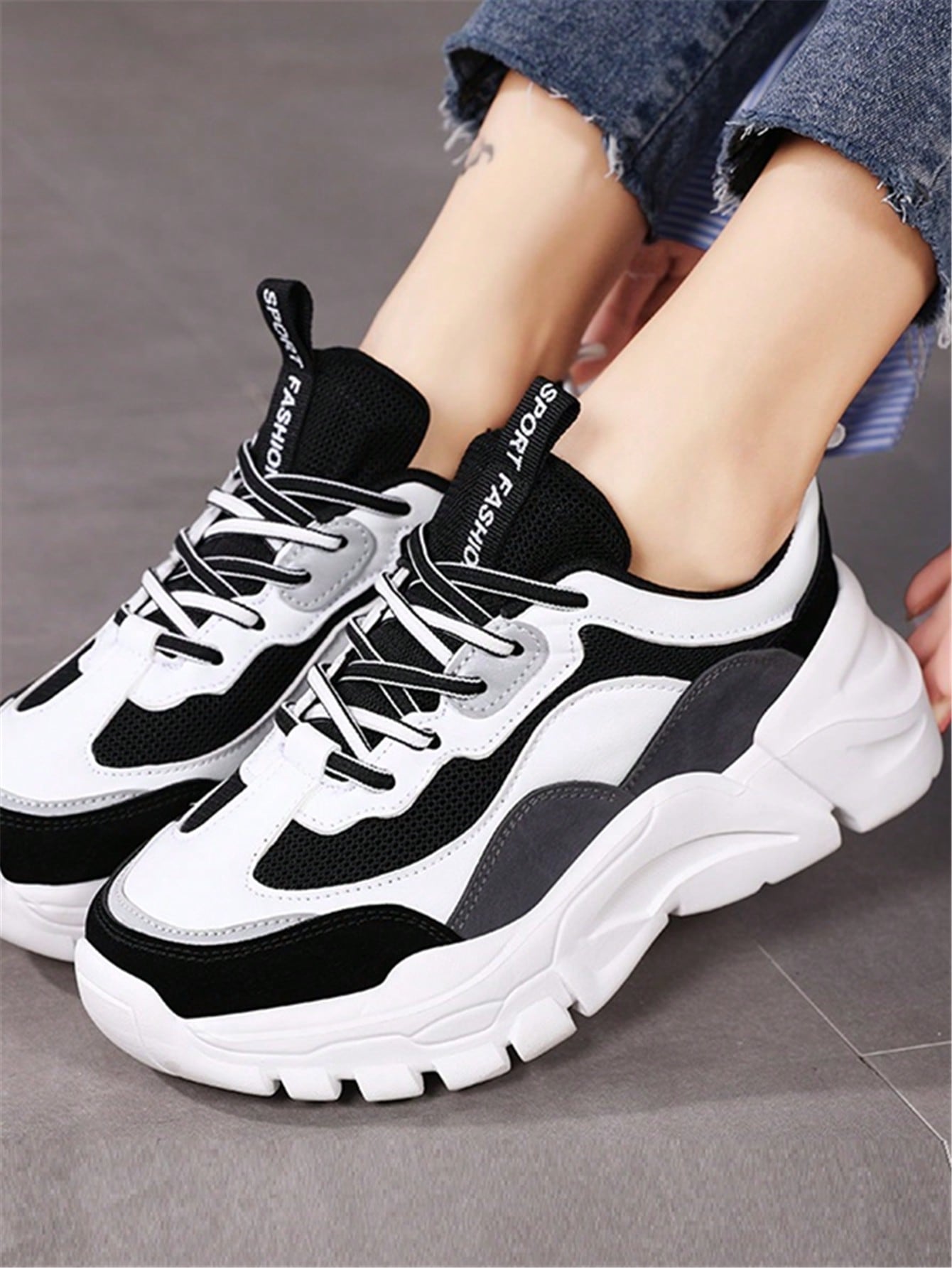 Sporty Sneakers For Women, Two Tone Letter Patch Decor Lace-up Front Chunky Sneakers