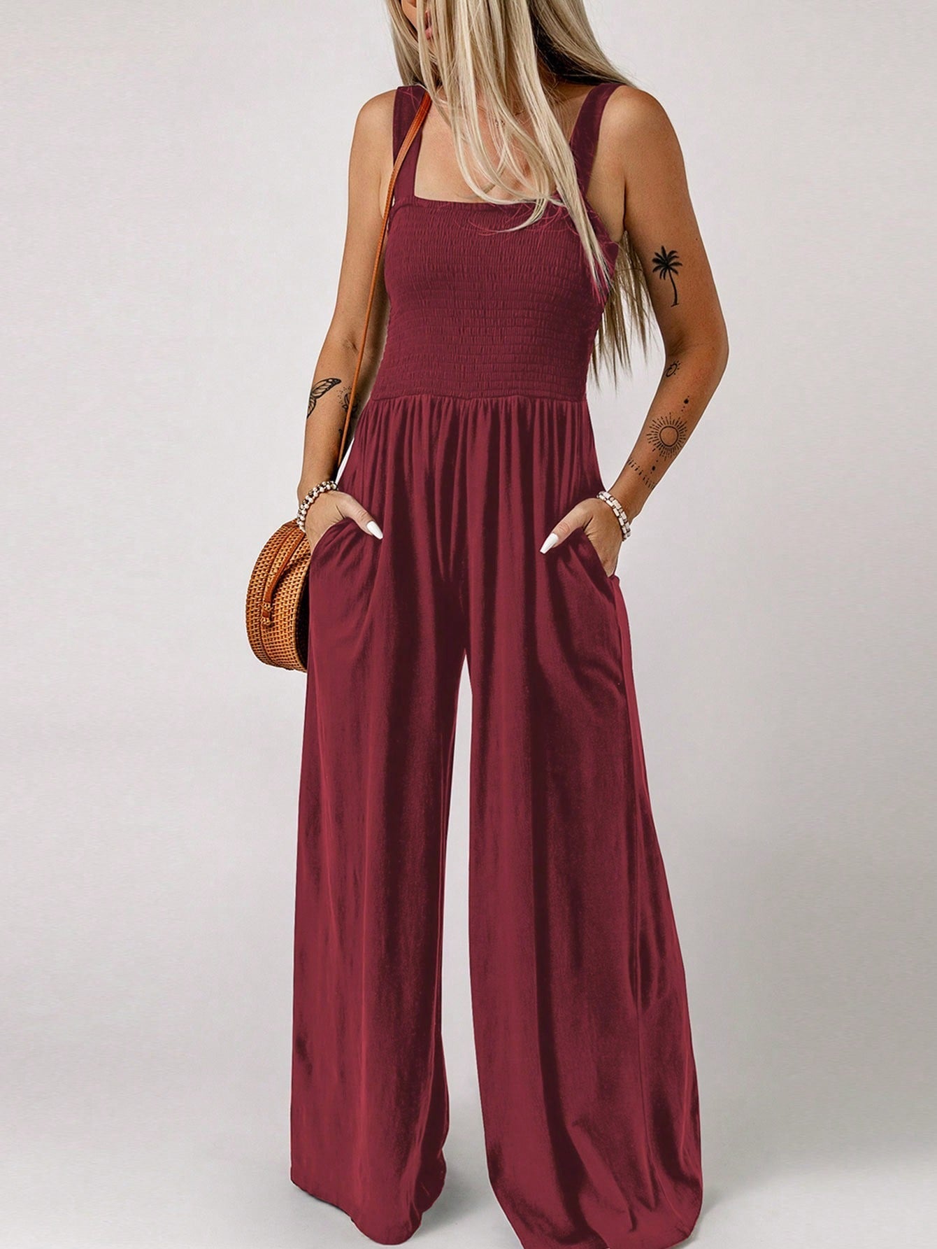 Acelitt Solid Slant Pocket Wide Leg Cami Jumpsuit