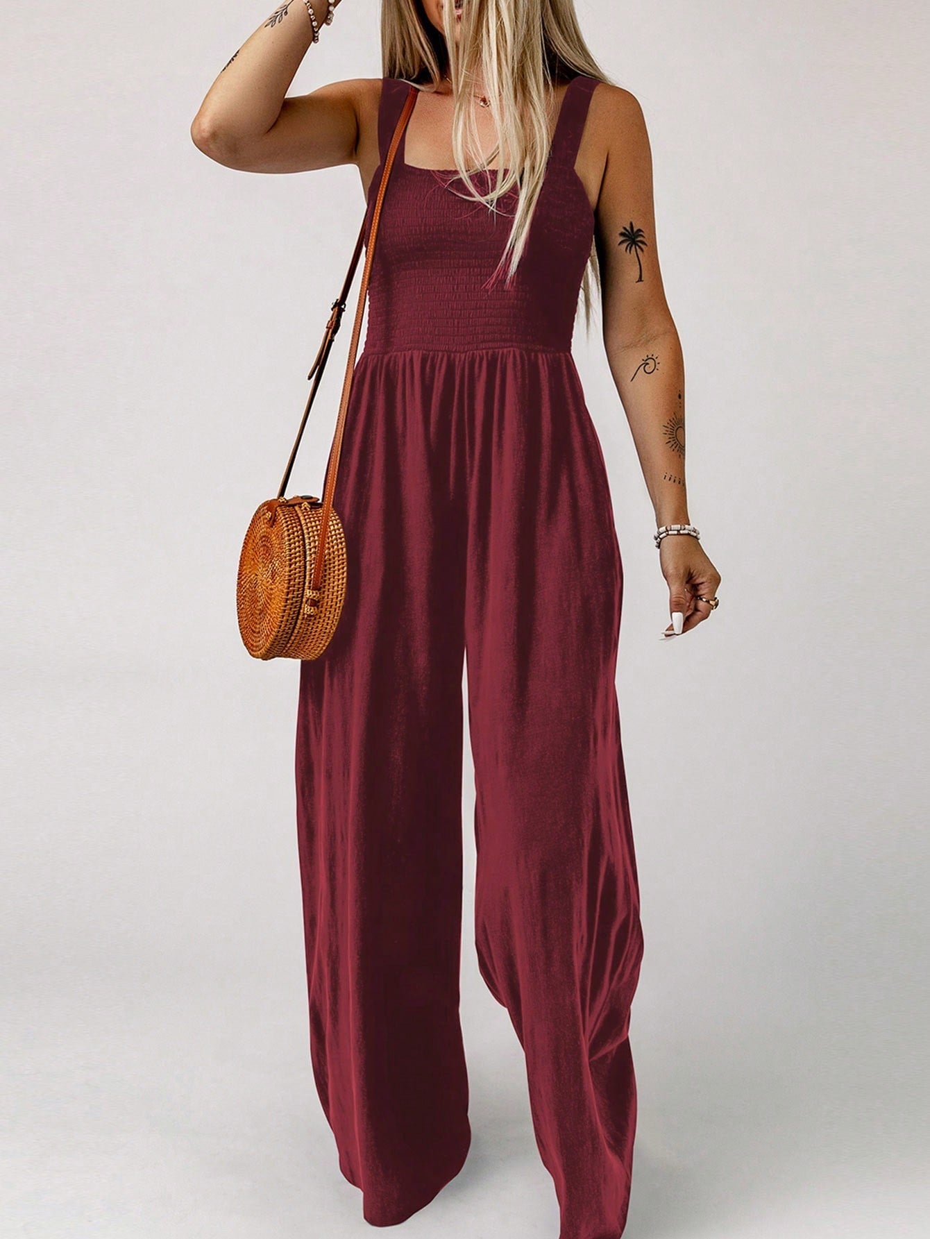 Acelitt Solid Slant Pocket Wide Leg Cami Jumpsuit