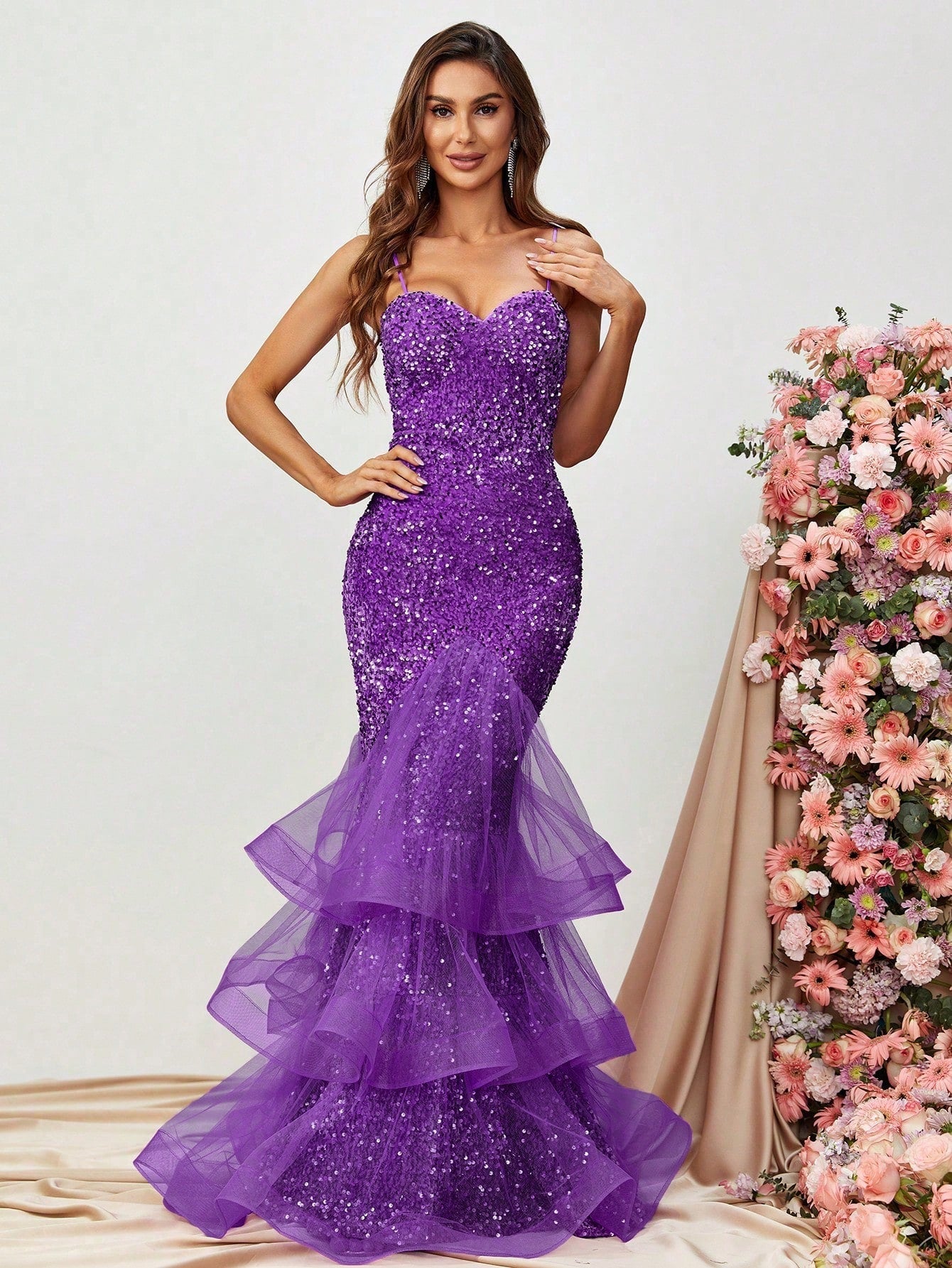 Contrast Mesh Mermaid Hem Sequin Formal Dress