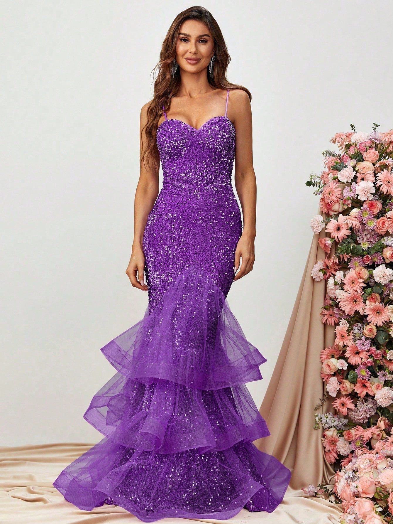 Contrast Mesh Mermaid Hem Sequin Formal Dress