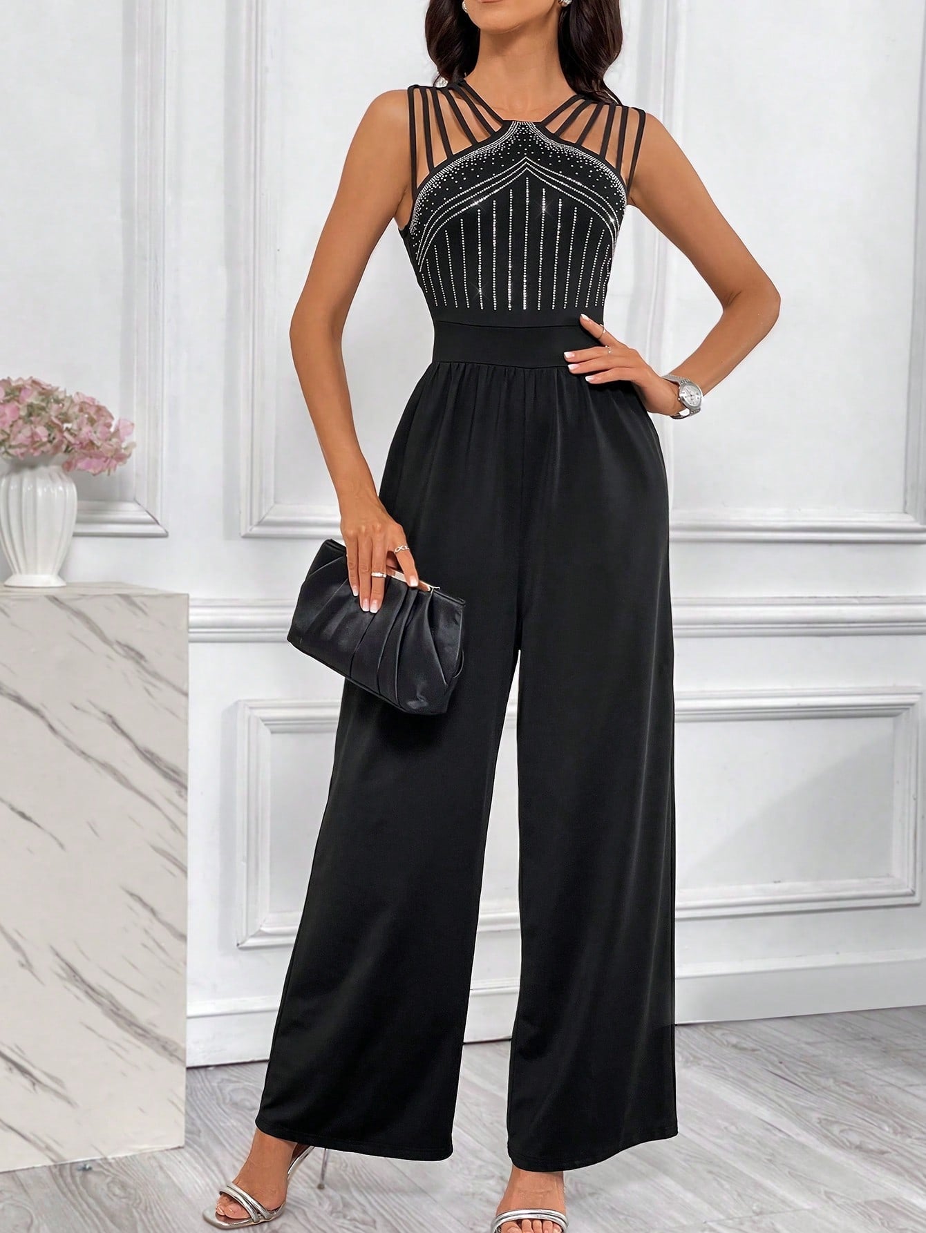 Privé Rhinestone Detail Wide Leg Jumpsuit