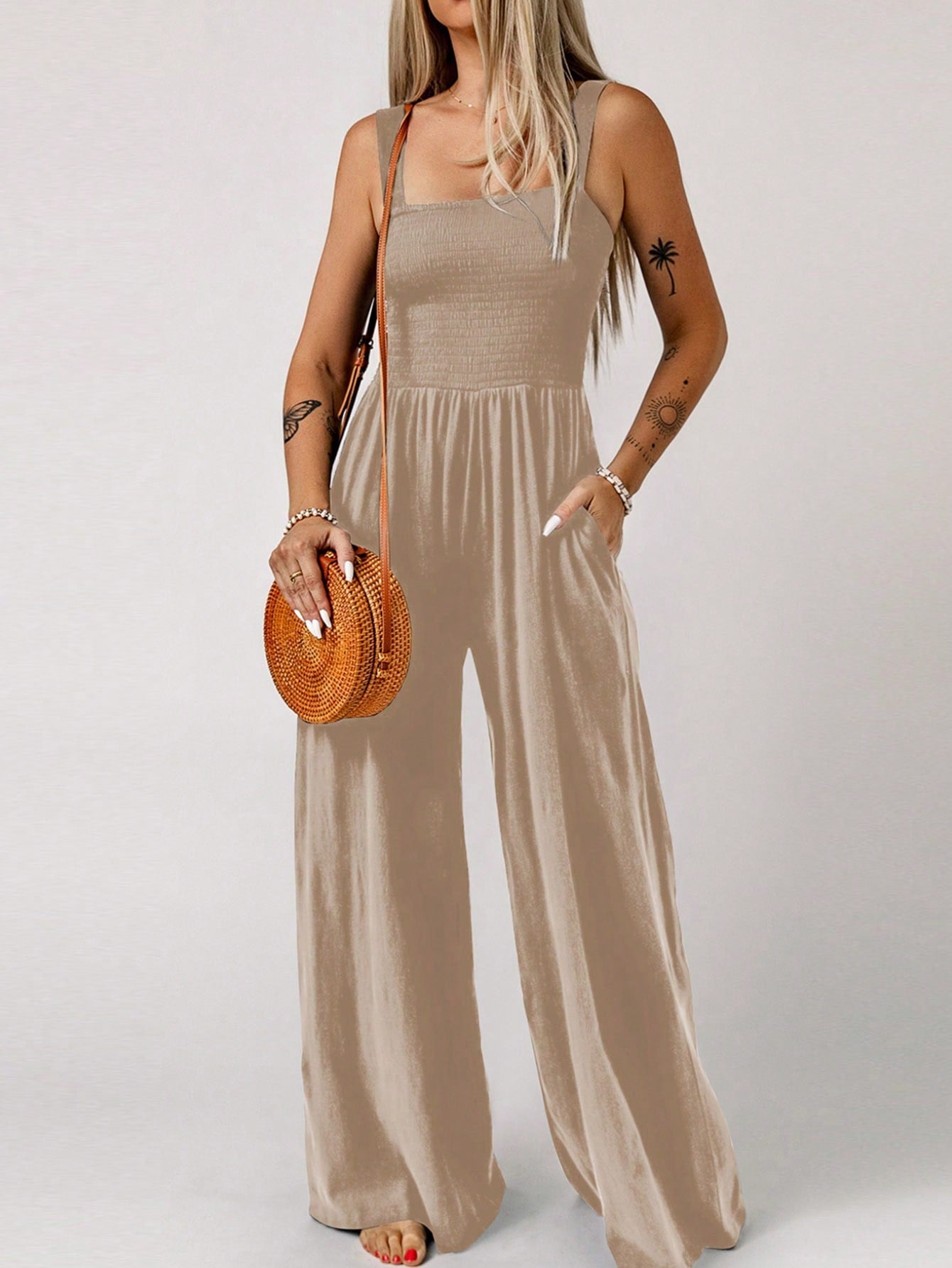 Acelitt Solid Slant Pocket Wide Leg Cami Jumpsuit