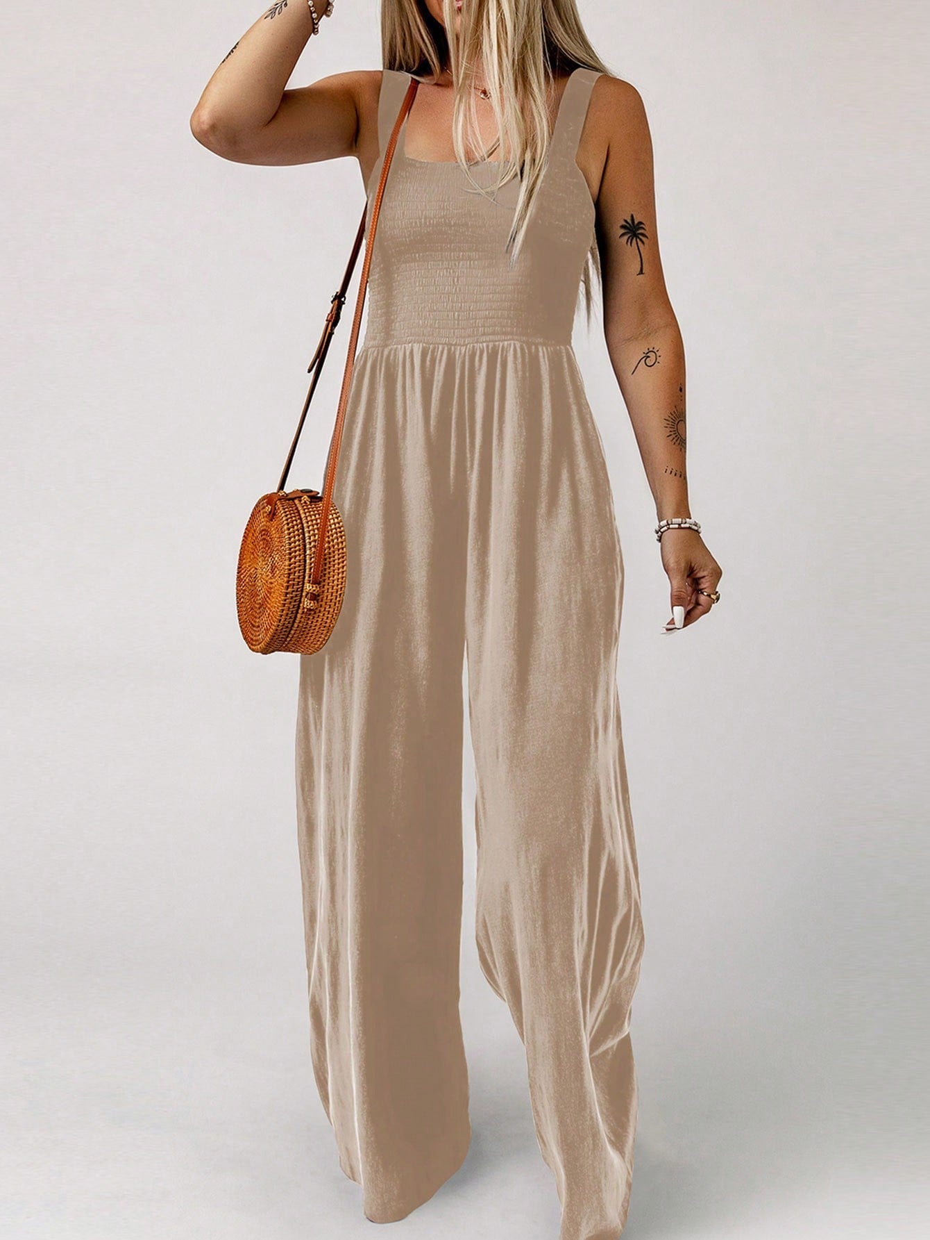 Acelitt Solid Slant Pocket Wide Leg Cami Jumpsuit