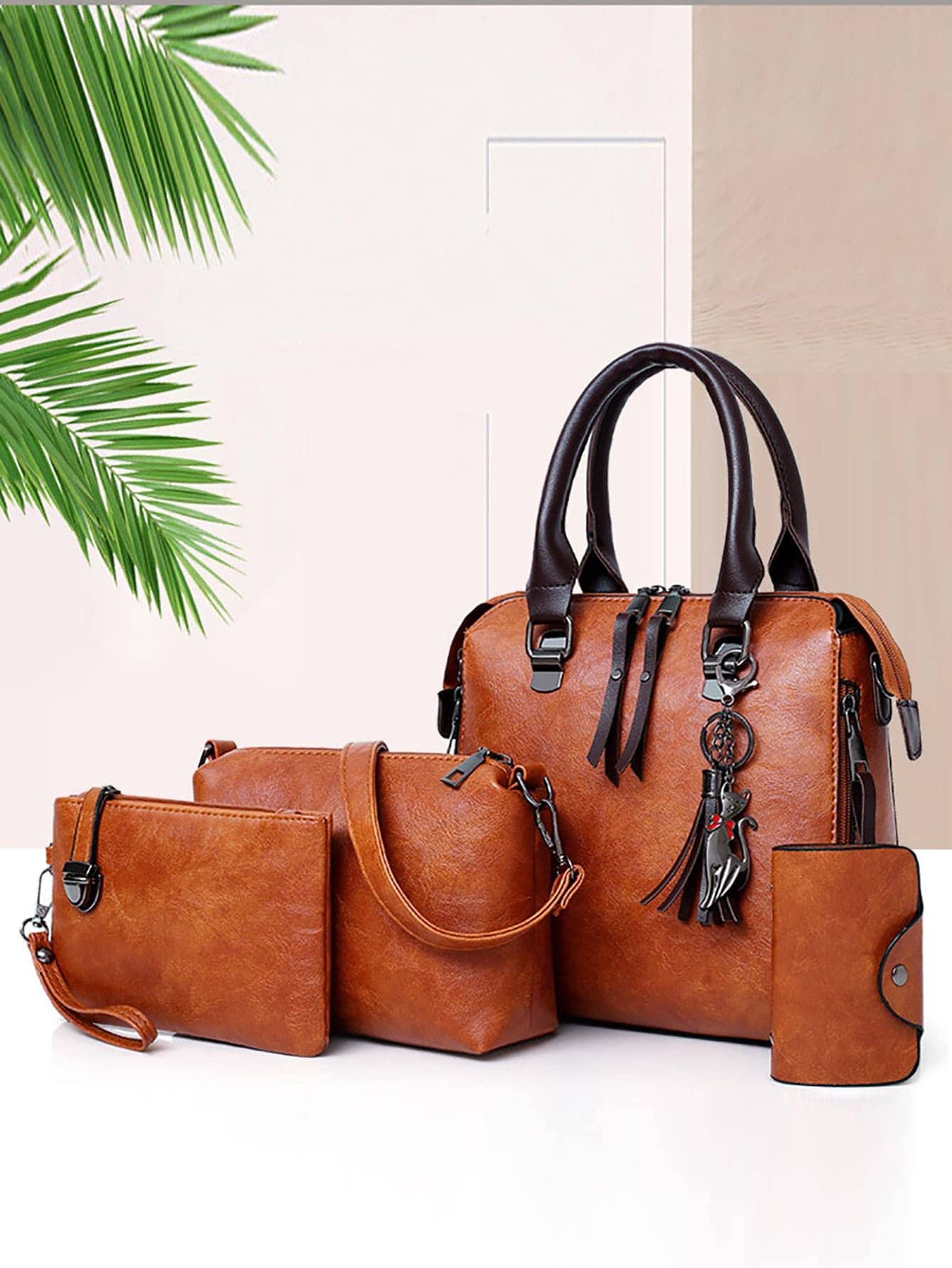 【Black Friday Sale】New Fashion Trend One Shoulder Crossbody Mother Bag Set of Four Pieces Retro Contrast Oil Leather Handheld Women's Bag