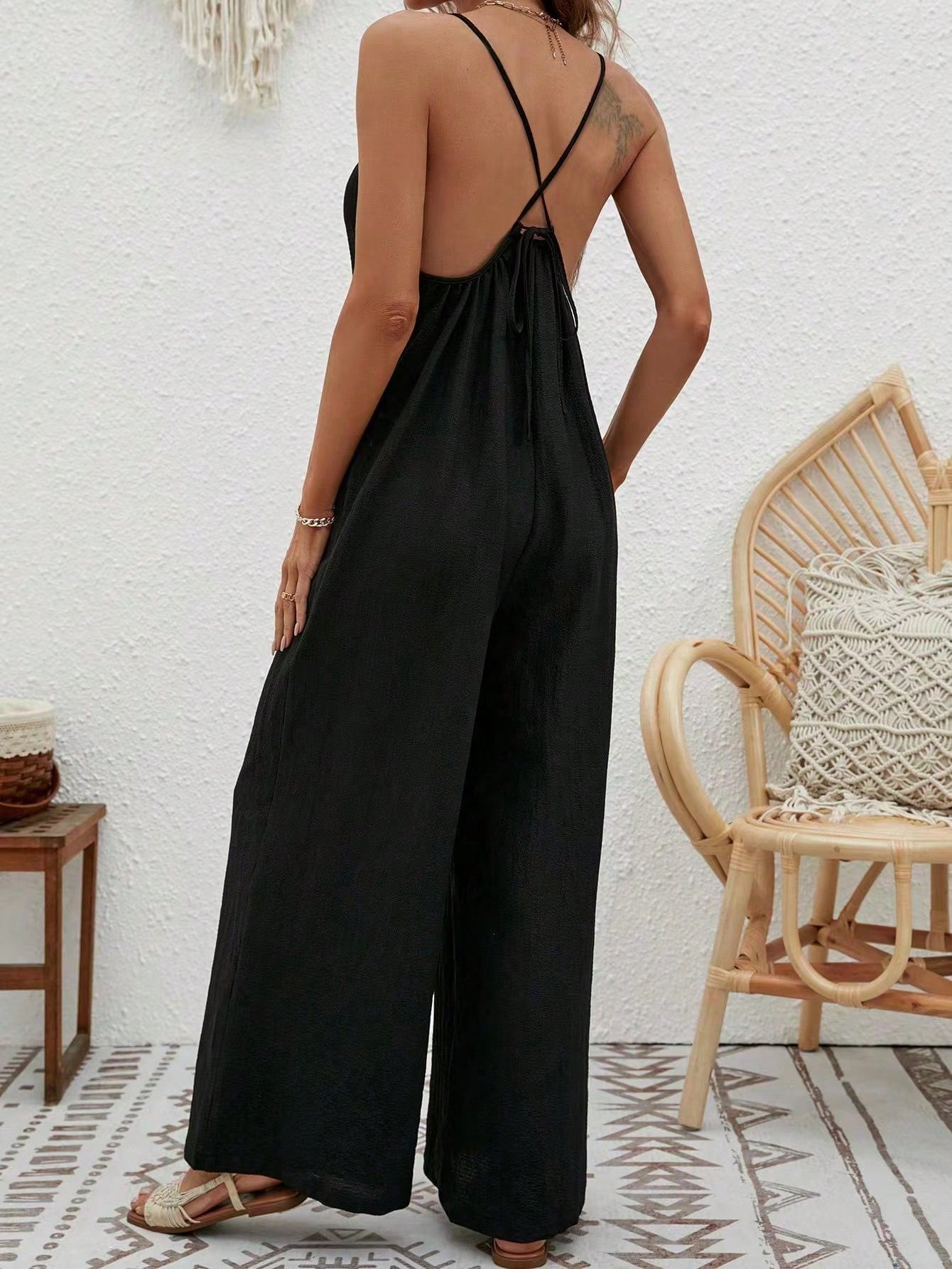 VCAY Crisscross Backless Wide Leg Cami Jumpsuit