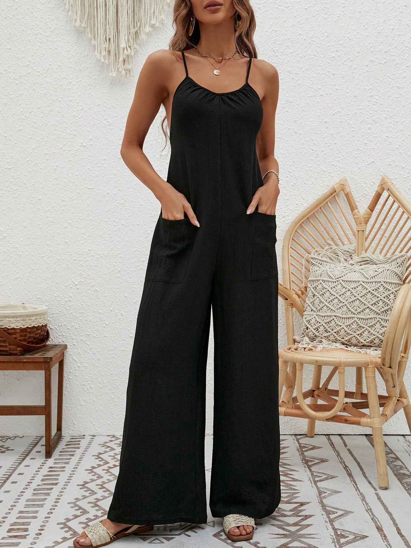 VCAY Crisscross Backless Wide Leg Cami Jumpsuit