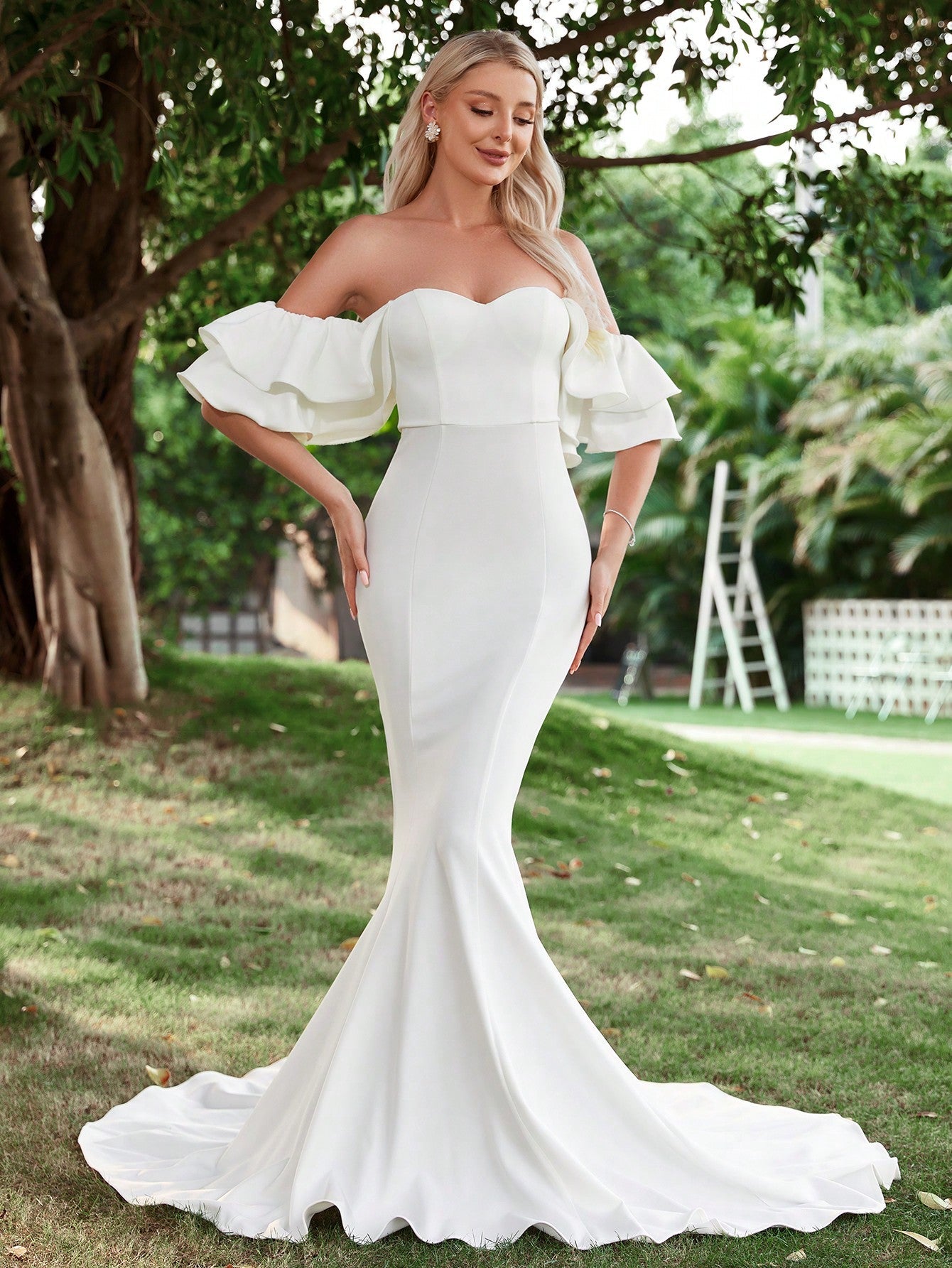 Off Shoulder Ruffle Trim Mermaid Hem Wedding Dress