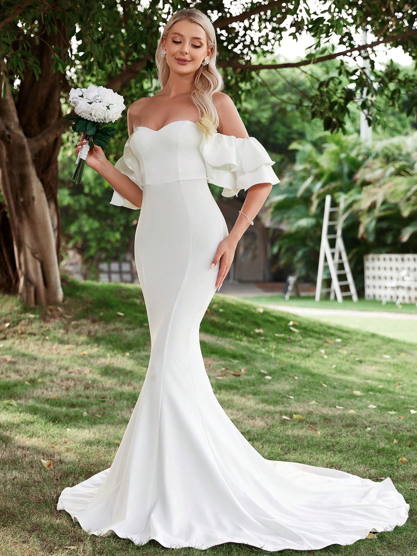 Off Shoulder Ruffle Trim Mermaid Hem Wedding Dress