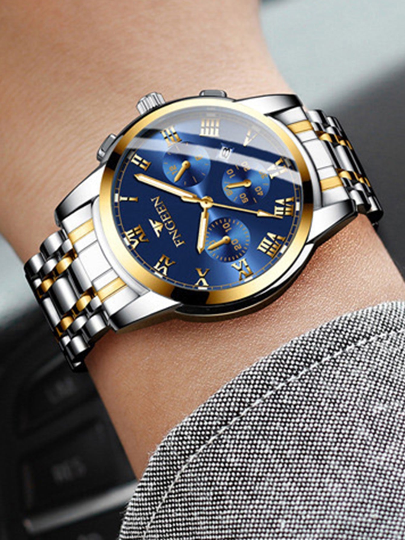 Men's Stainless Steel Luxury Button Hidden Clasp Waterproof Luminous Date Sports Watch