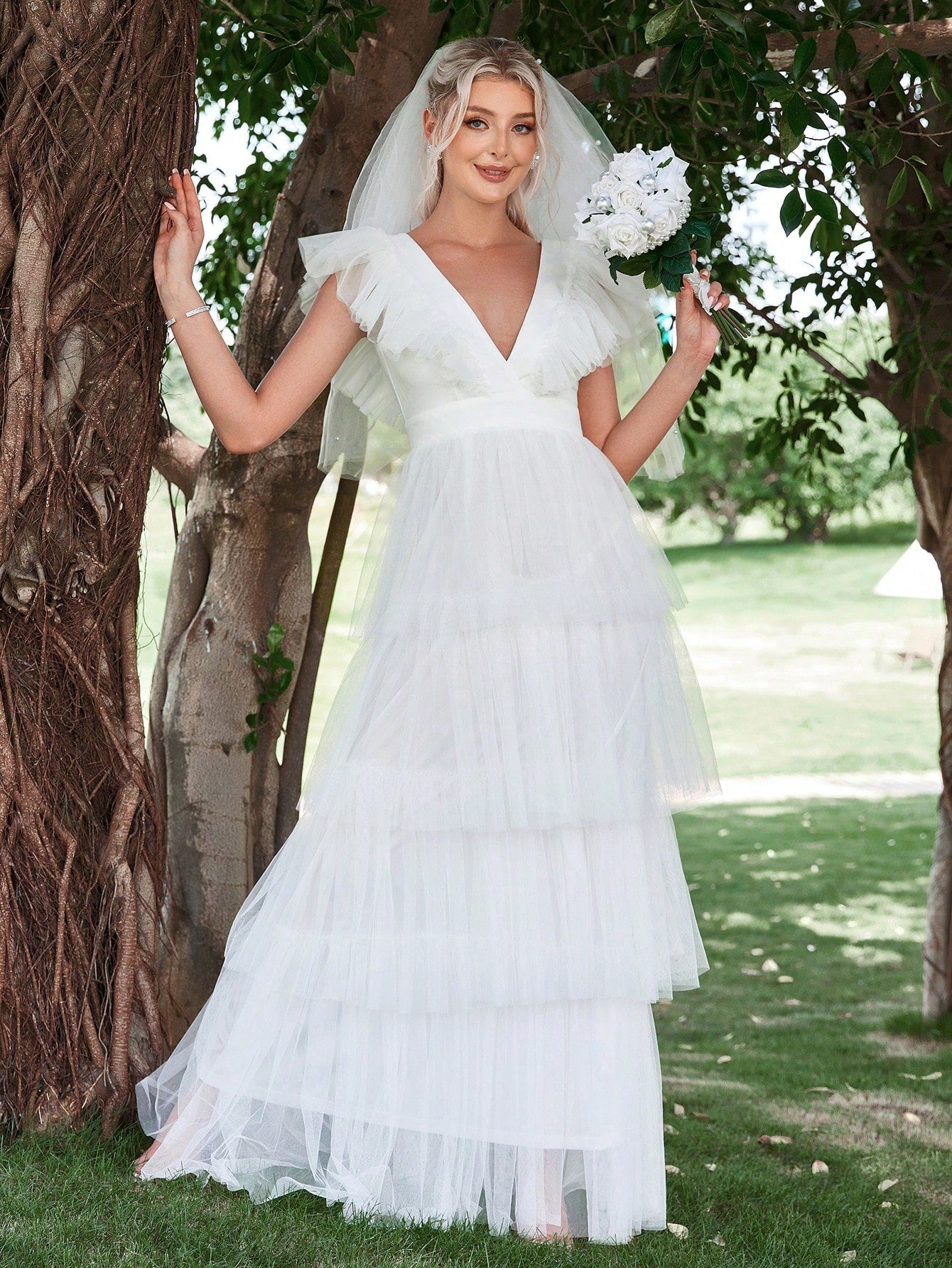 Plunging Neck Ruffle Trim Layered Hem Mesh Wedding Dress Without Veil