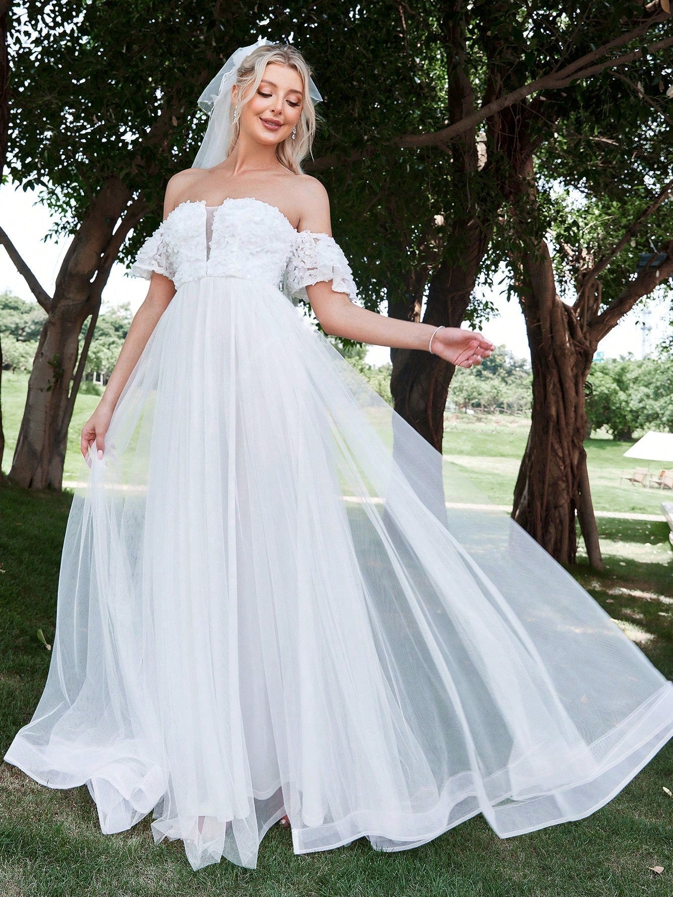 Off Shoulder Contrast Mesh Wedding Dress