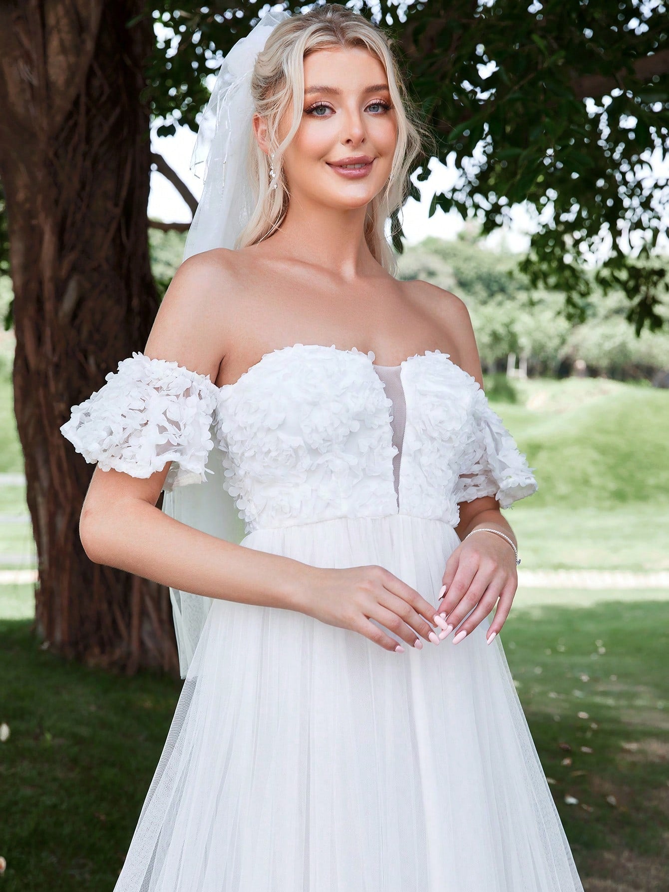 Off Shoulder Contrast Mesh Wedding Dress