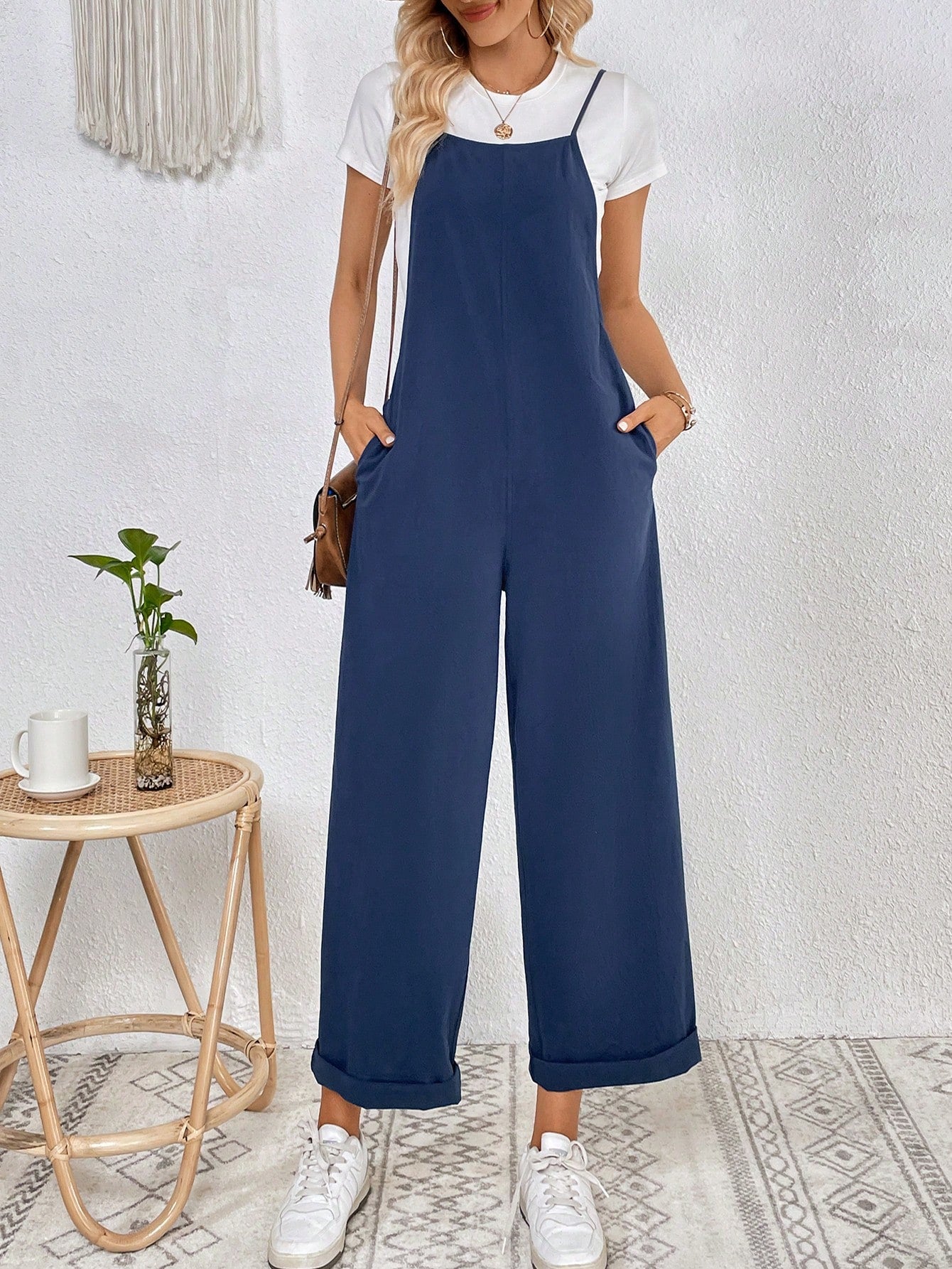 LUNE Solid Slant Pocket Cami Jumpsuit Without Tee