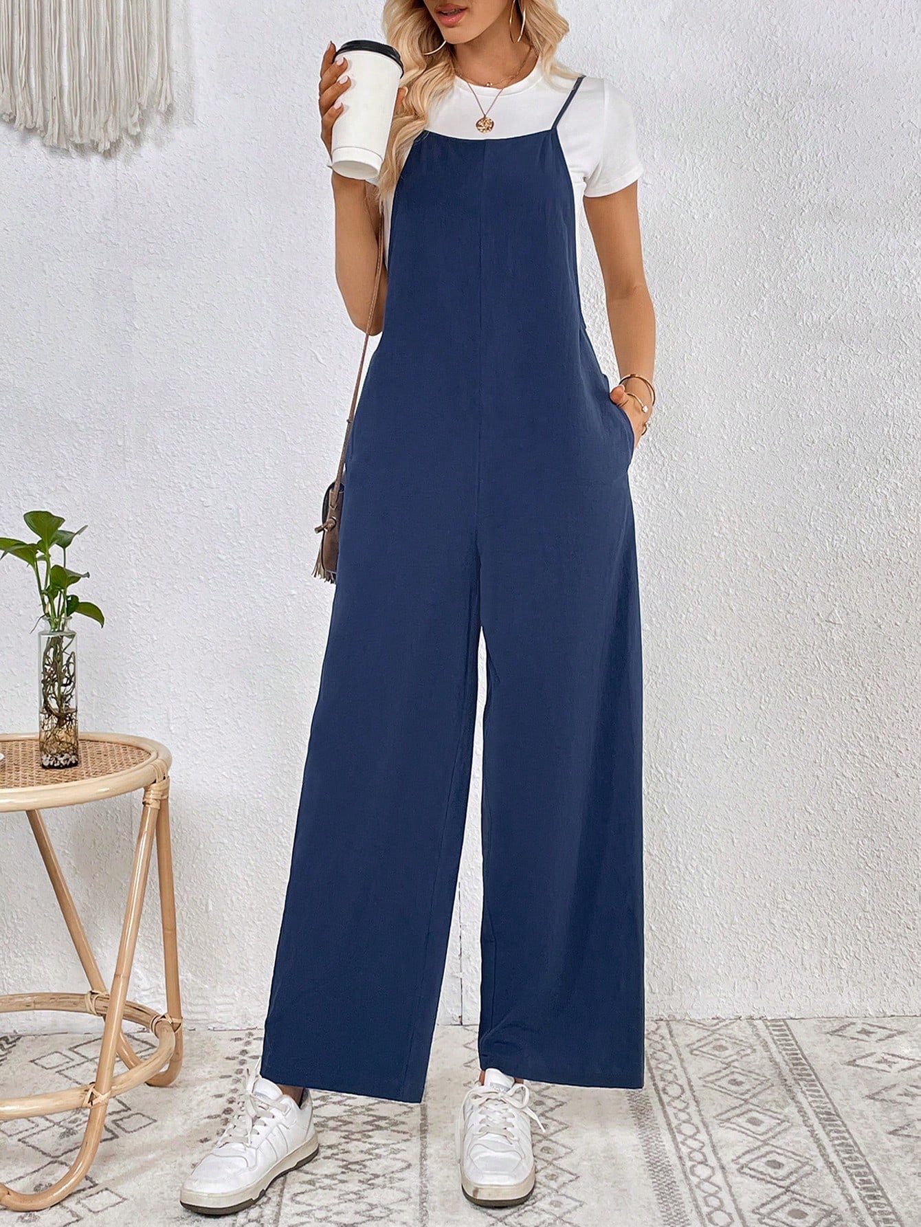 LUNE Solid Slant Pocket Cami Jumpsuit Without Tee