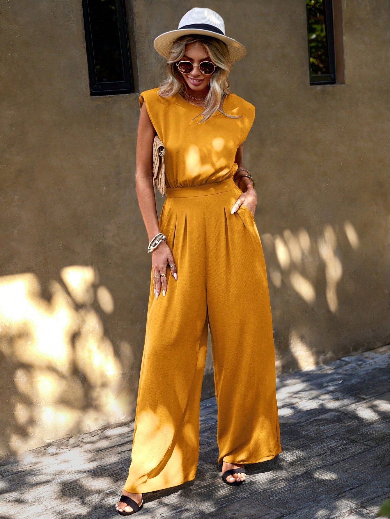 LUNE Solid Slant Pocket Wide Leg Jumpsuit