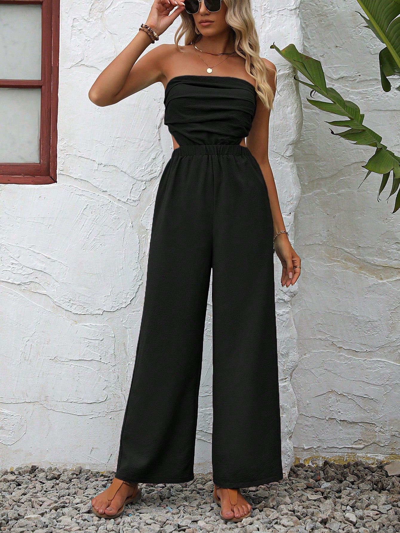 VCAY Cut Out Waist Ruched Tube Jumpsuit