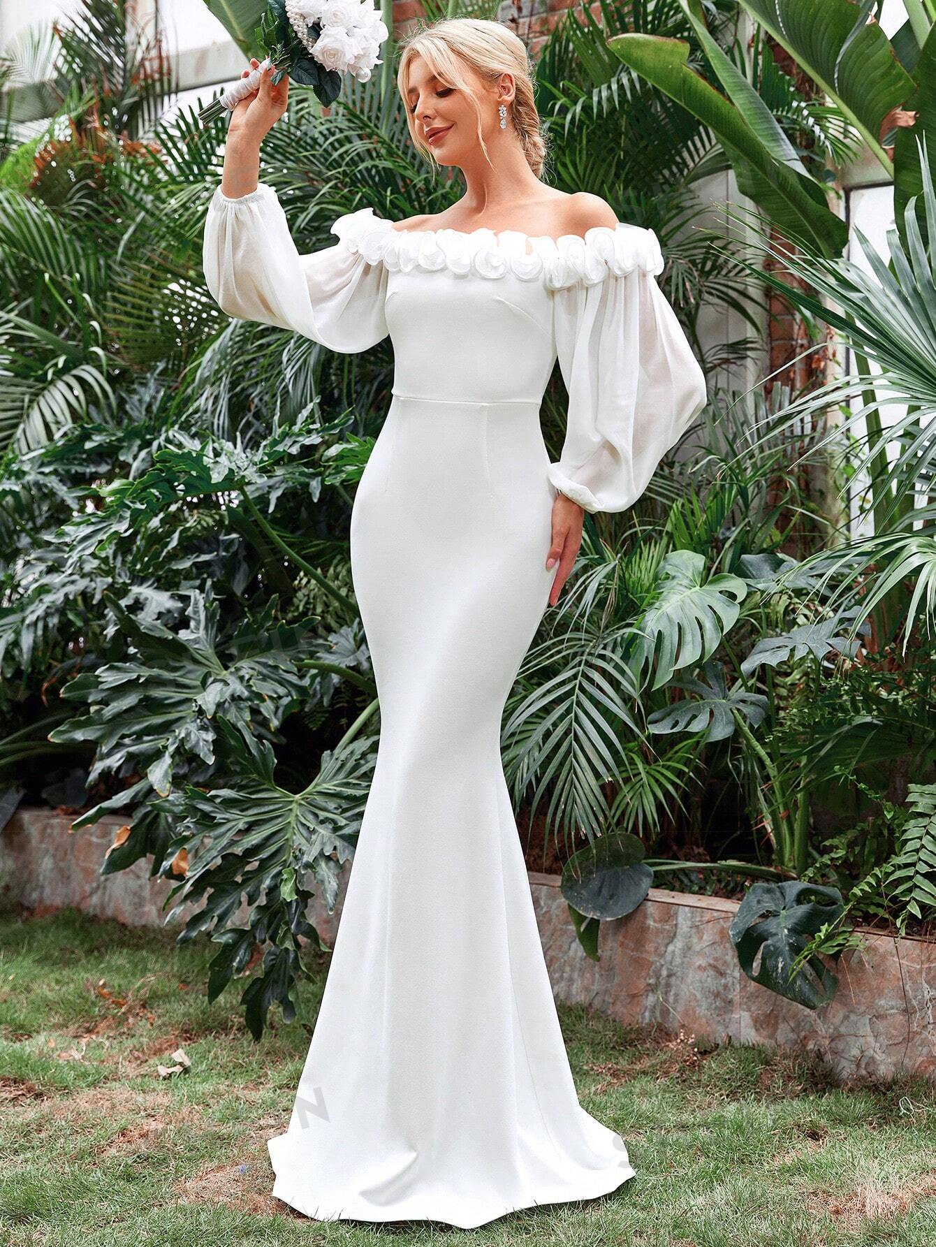 3D Rosette Off Shoulder Lantern Sleeve Mermaid Hem Wedding Dress