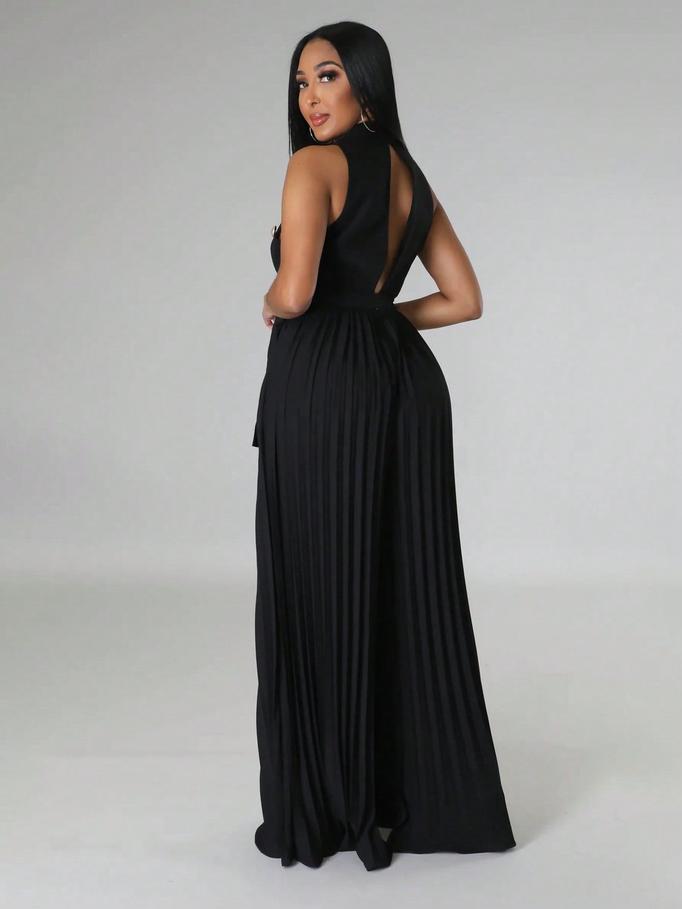 Double Button Belted Pleated Jumpsuit