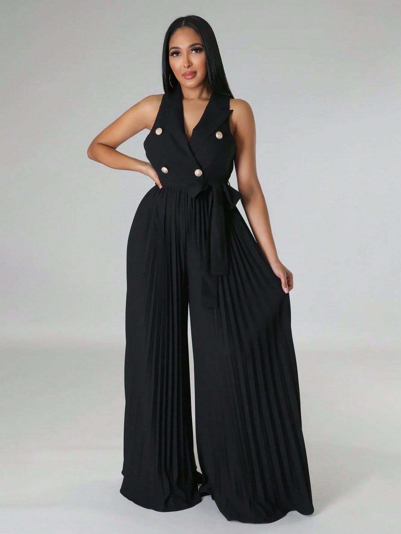 Double Button Belted Pleated Jumpsuit