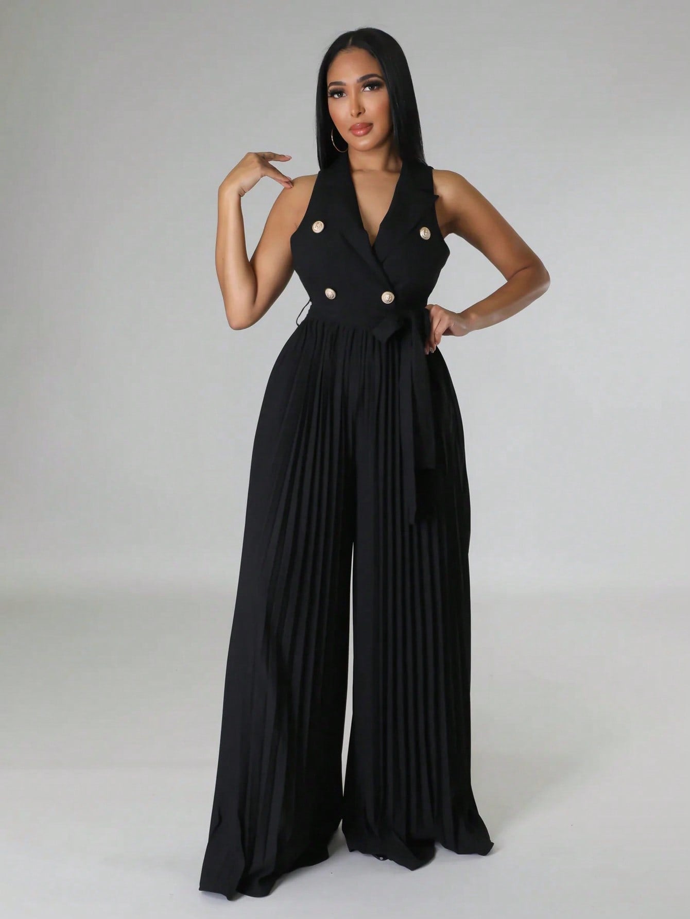 Double Button Belted Pleated Jumpsuit