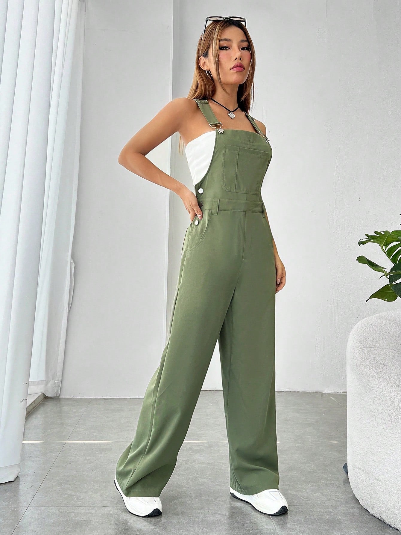 EZwear Solid Pocket Front Overall Jumpsuit Without Tube Top