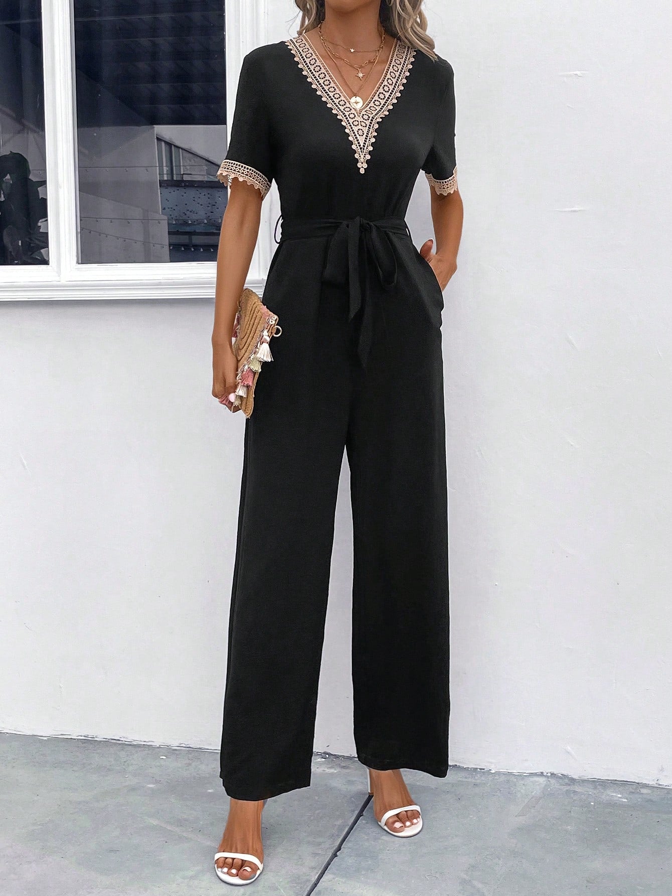 LUNE Guipure Lace Trim Belted Jumpsuit