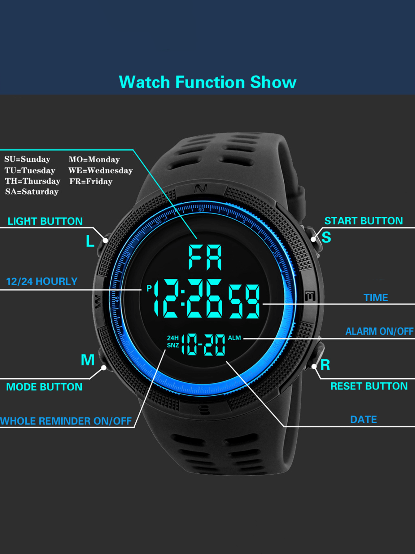 Men's Outdoor Multifunctional Electronic Sports Watch With Big Screen Display, Fashion Accessory