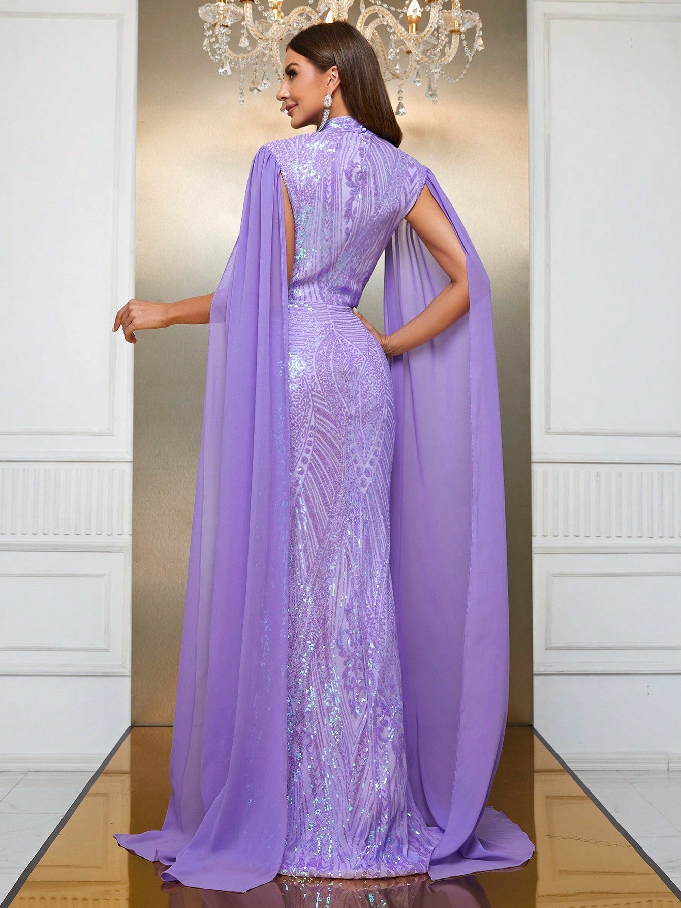 Giffniseti Contrast Sequin Cloak Sleeve Floor Length Formal Dress