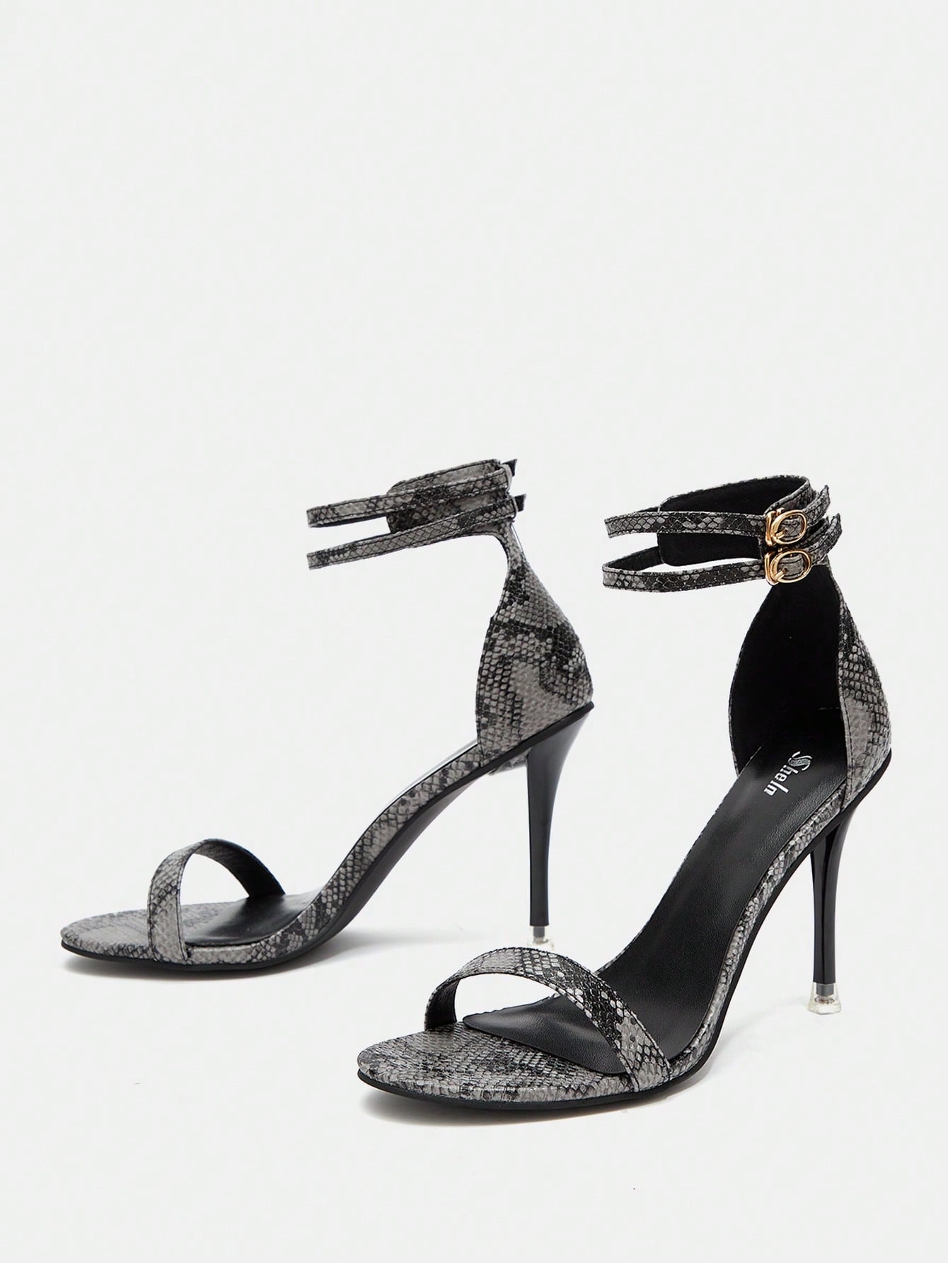 SXY Women Snakeskin Embossed Ankle Strap Stiletto Heeled Sandals, Elegant Black Polyester Heeled Sandals