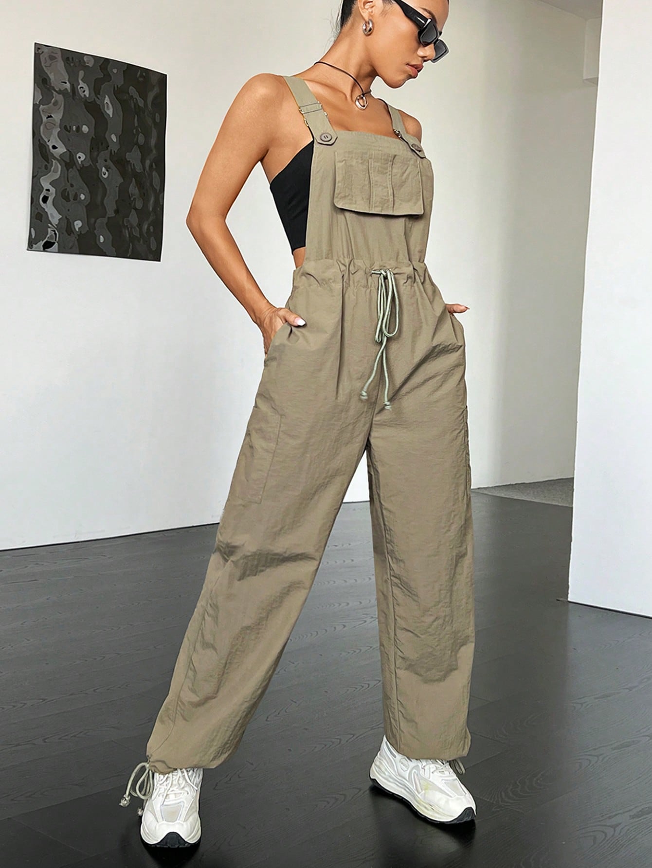 Coolane Flap Pocket Drawstring Waist Overall Jumpsuit