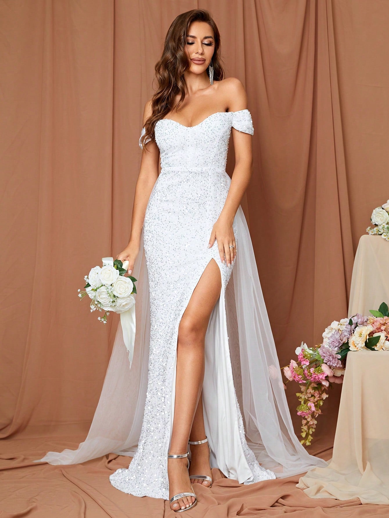 LOVE&LEMONADE Off Shoulder Split Thigh Sequin Wedding Dress