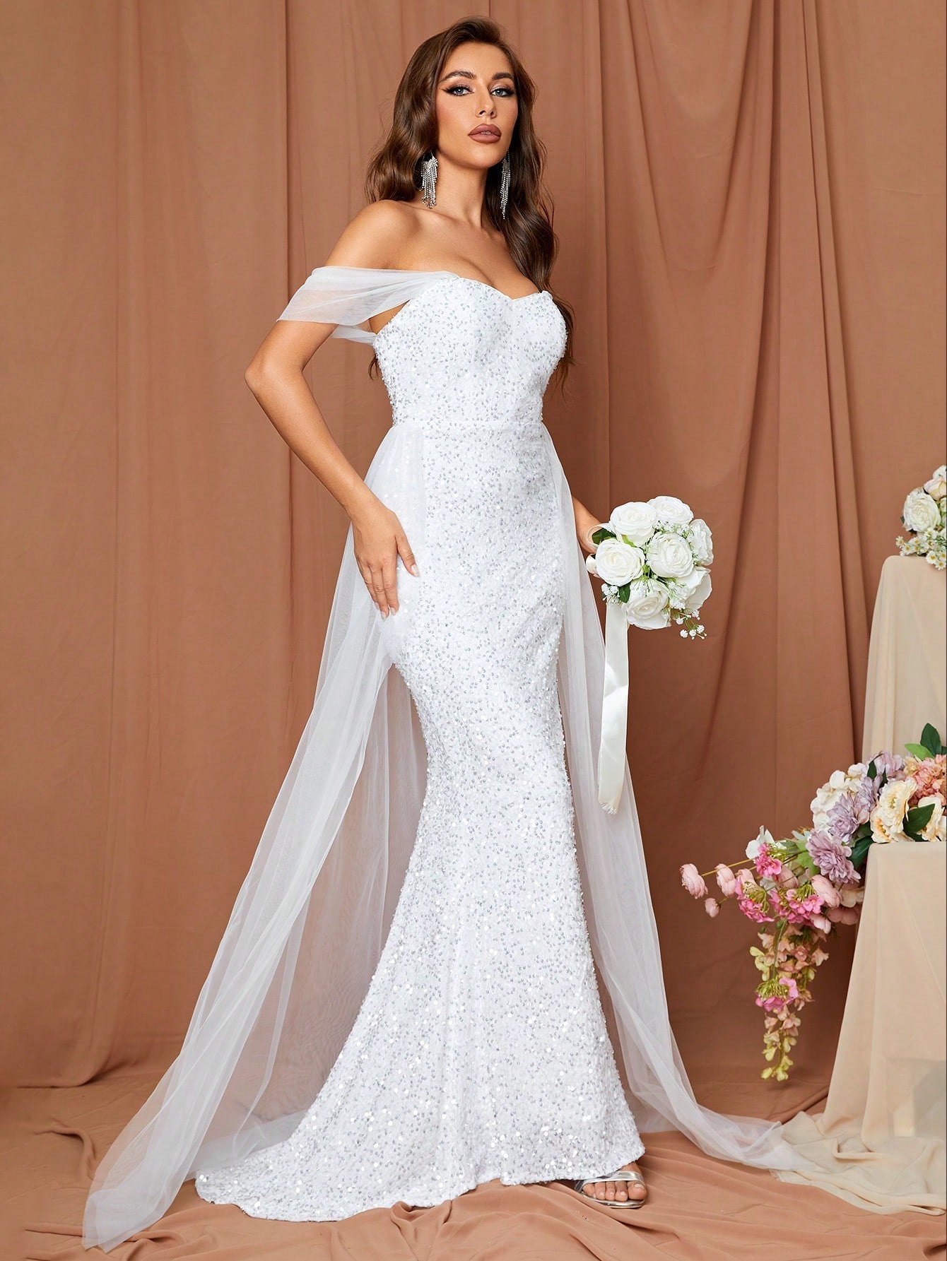 LOVE&LEMONADE Off Shoulder Contrast Mesh Mermaid Hem Sequin Wedding Dress