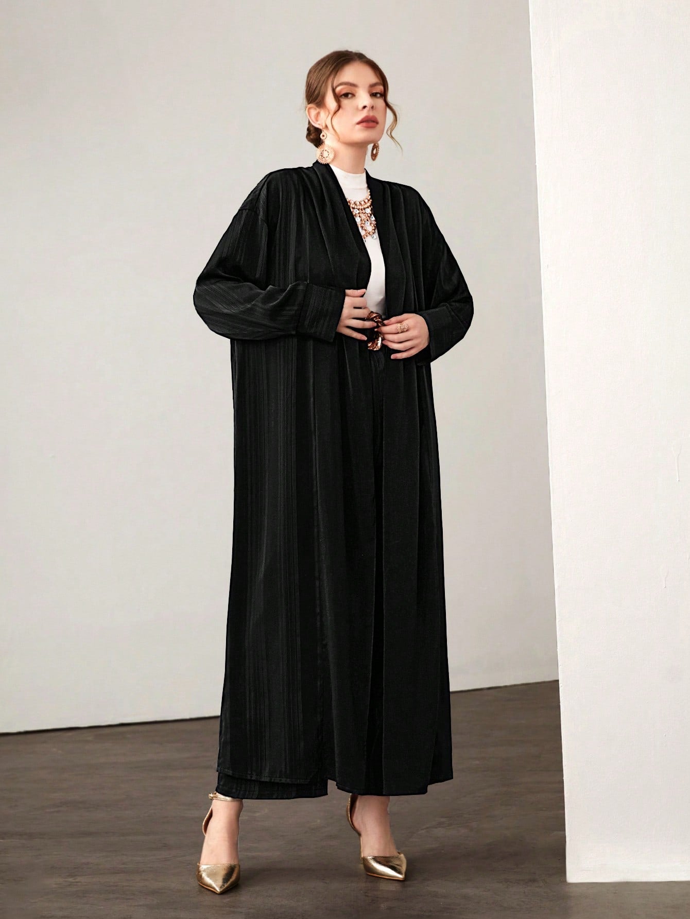 Najma Solid Open Front Abaya & Pants Without Belt