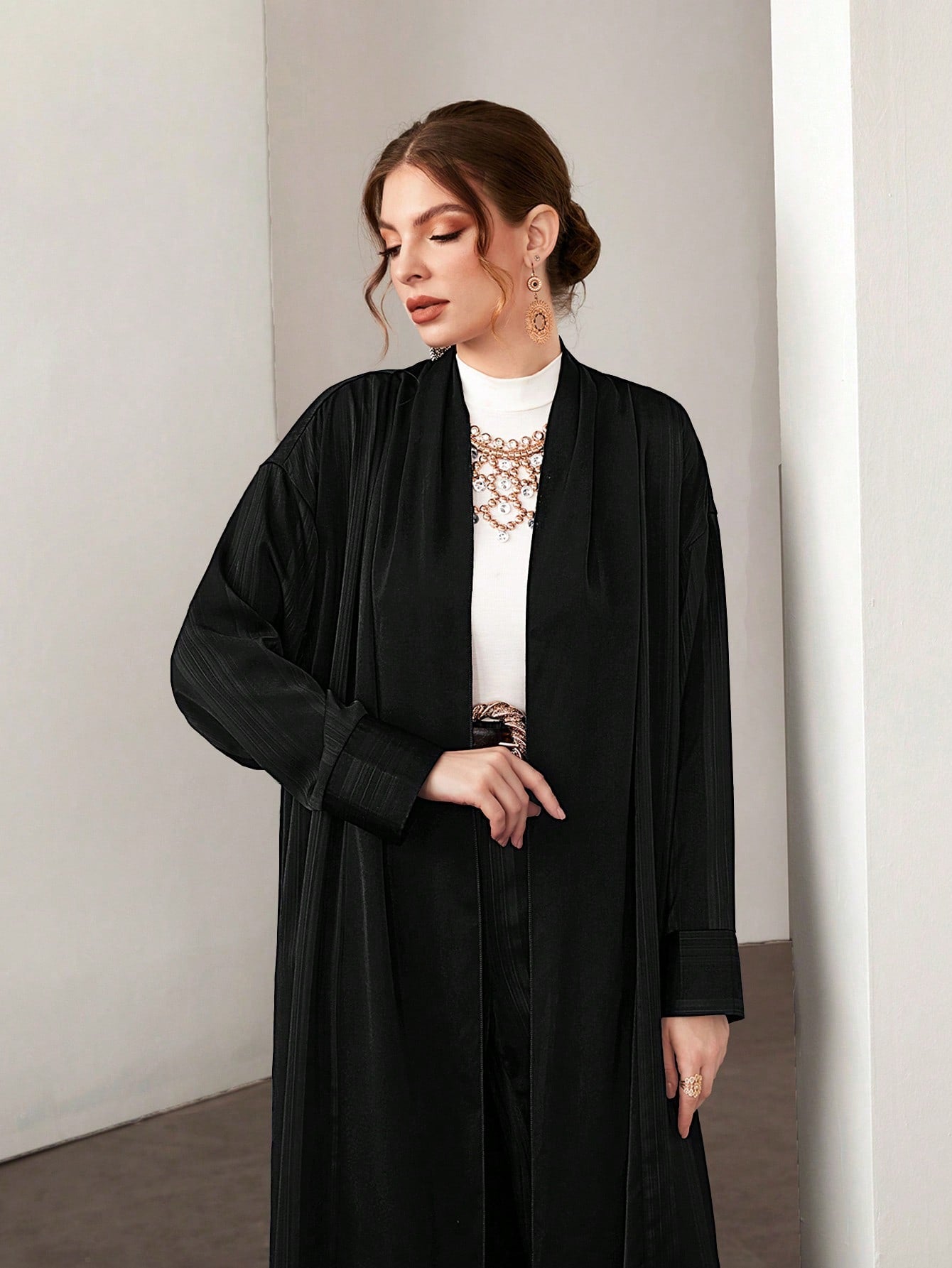 Najma Solid Open Front Abaya & Pants Without Belt